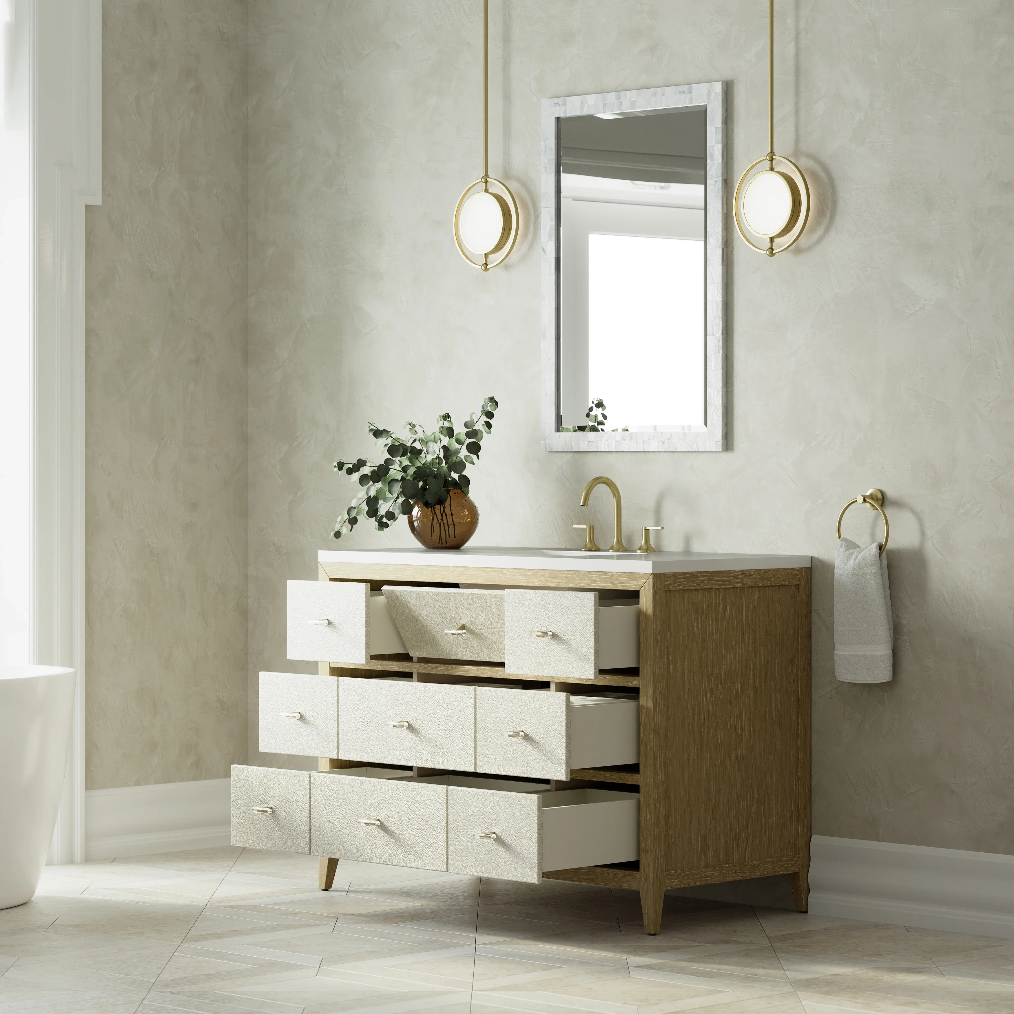 Celeste 48" Single Vanity, Sunwashed Oak with Embossed Shagreen w/ 3 CM White Zeus Silestone Top
