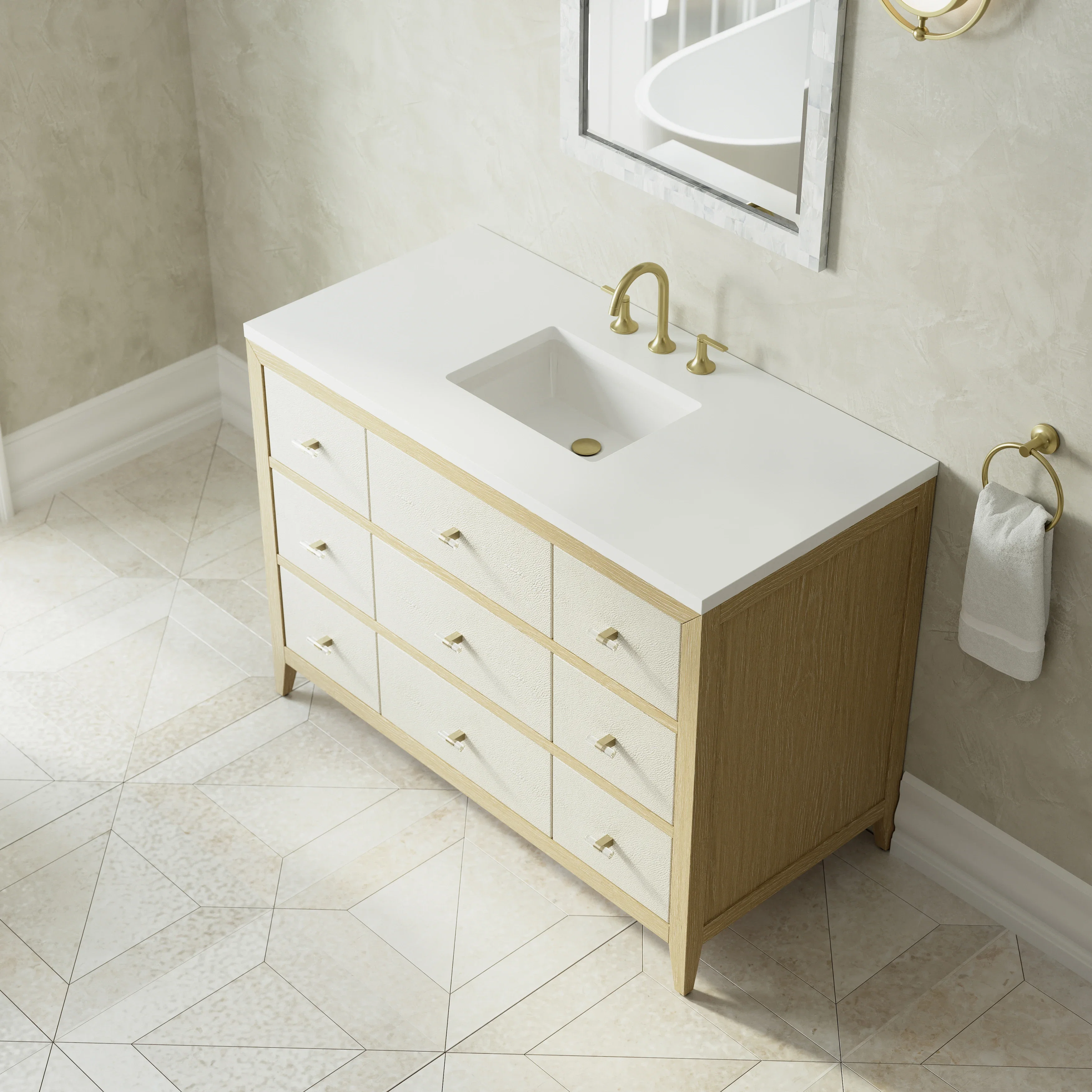 Celeste 48" Single Vanity, Sunwashed Oak with Embossed Shagreen w/ 3 CM White Zeus Silestone Top