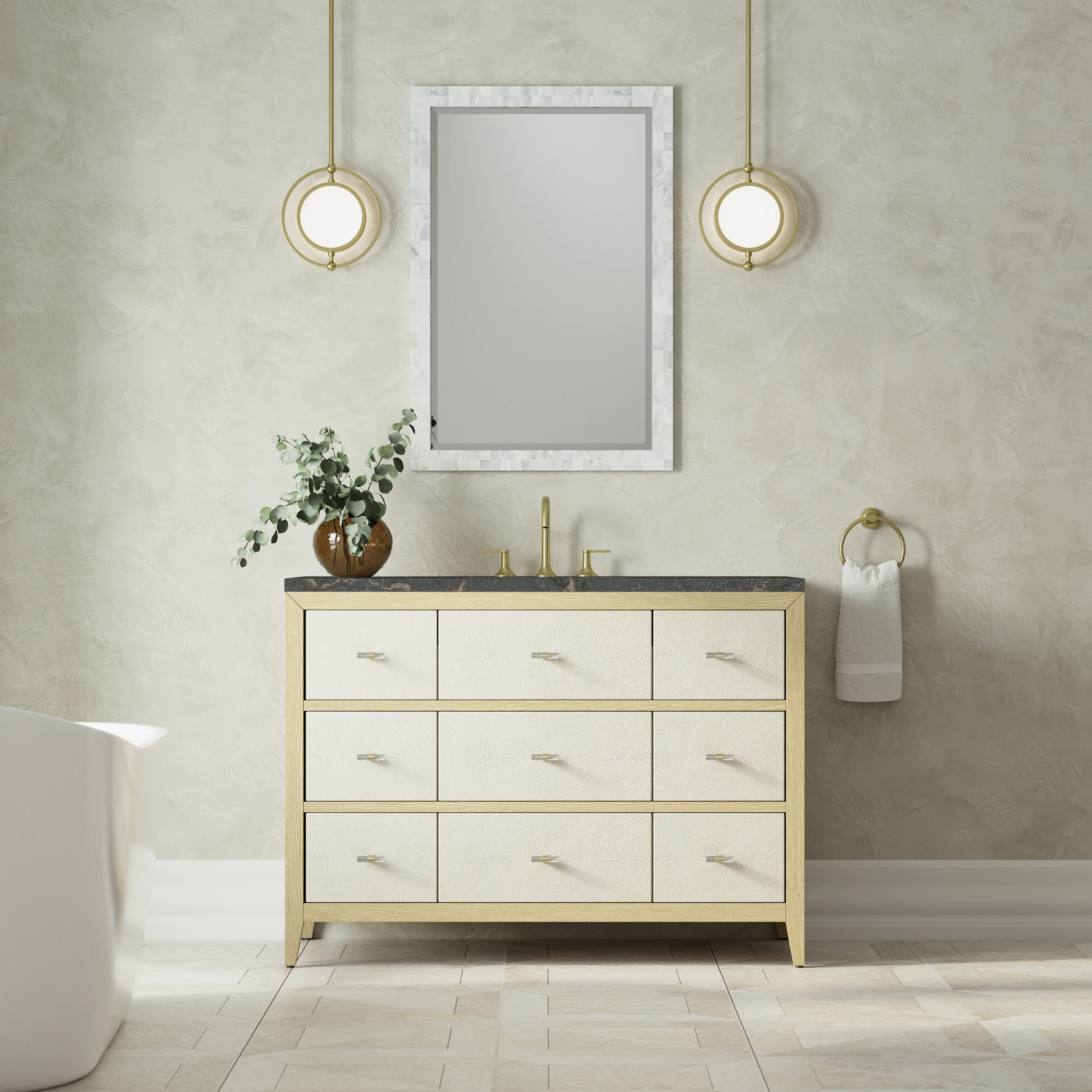 Celeste 48" Single Vanity, Sunwashed Oak with Embossed Shagreen w/ 3 CM Parisien Bleu Silestone Top w/ FreePower Wireless Charger