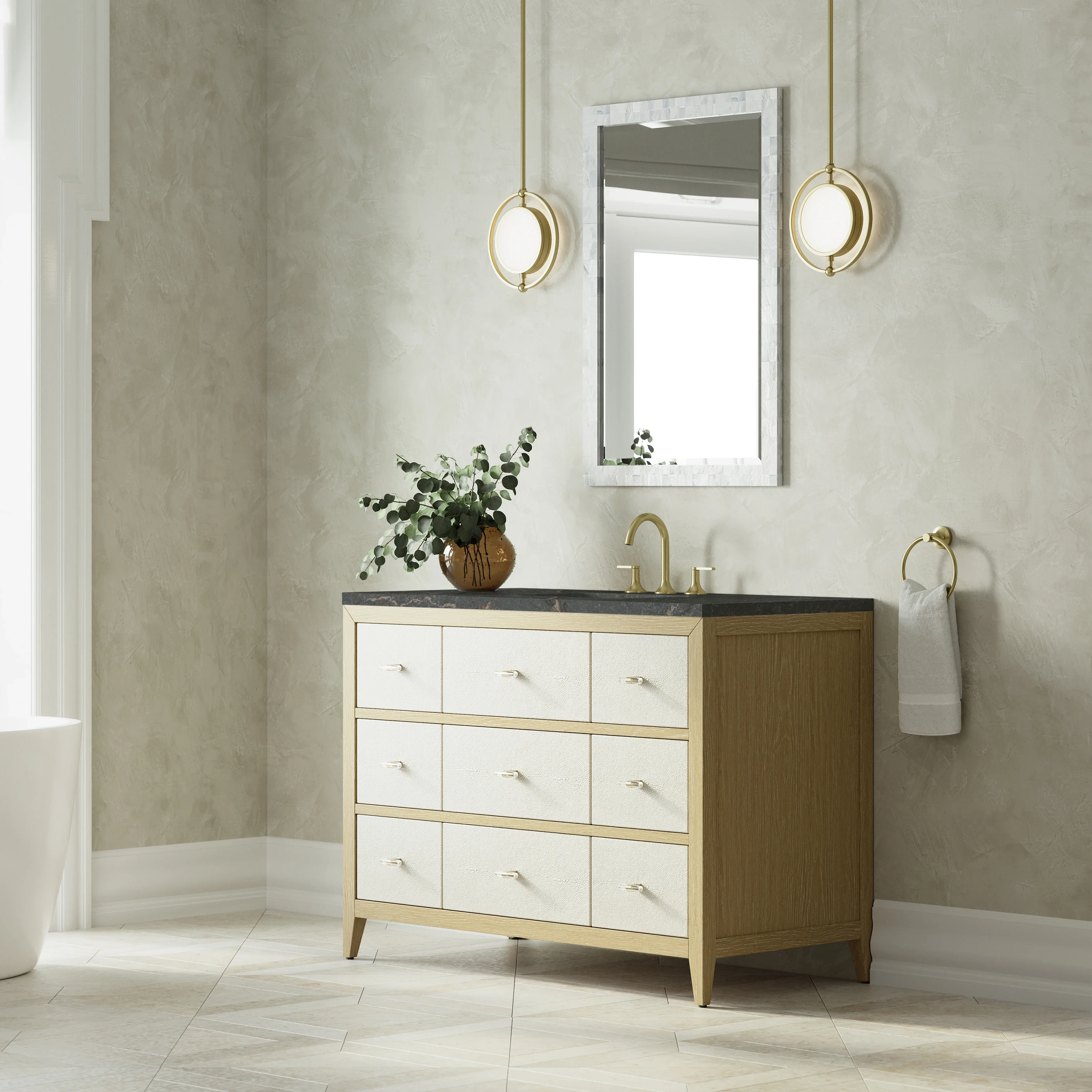 Celeste 48" Single Vanity, Sunwashed Oak with Embossed Shagreen w/ 3 CM Parisien Bleu Silestone Top w/ FreePower Wireless Charger