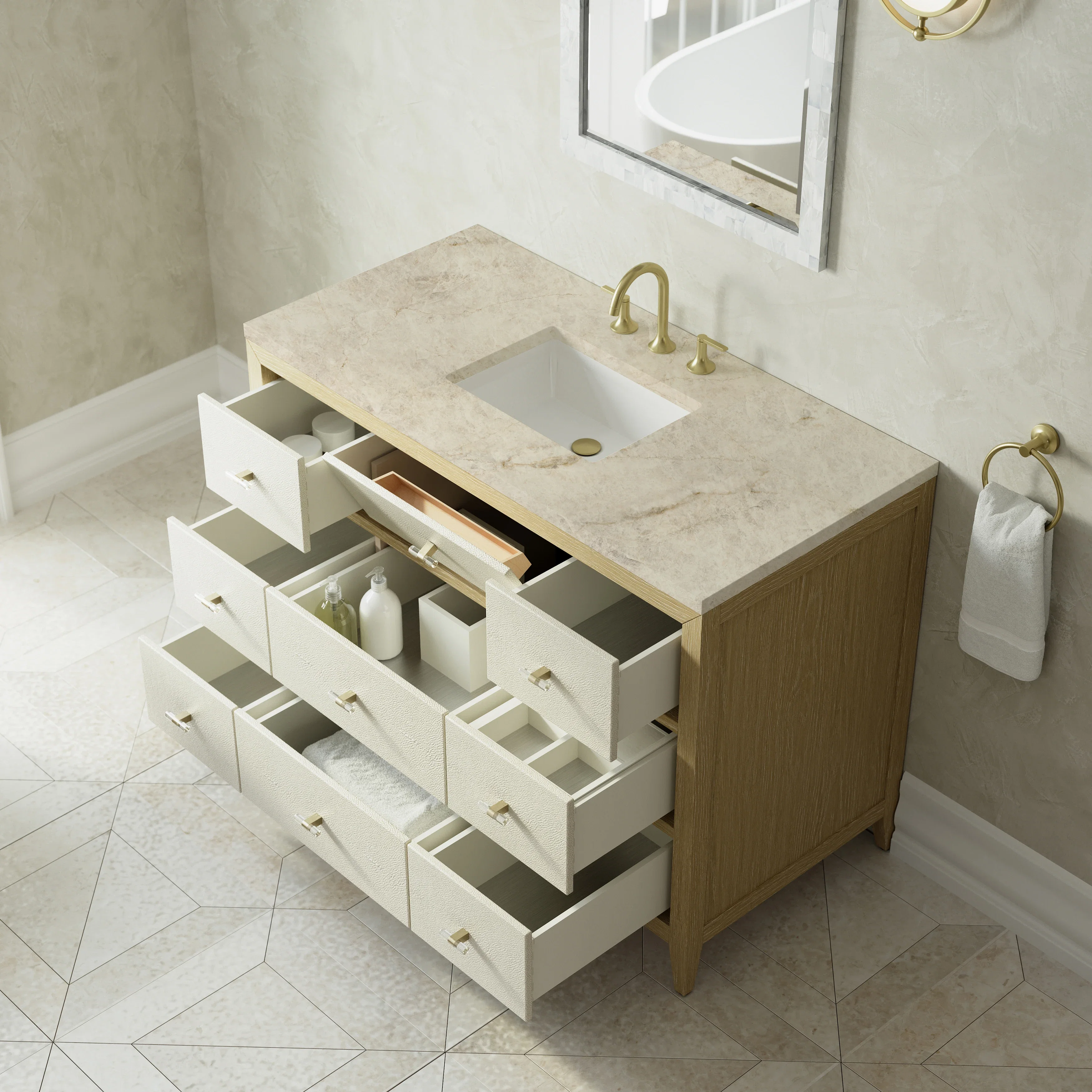 Celeste 48" Single Vanity, Sunwashed Oak with Embossed Shagreen, w/ 3 CM Tajnar Eclos Top w/FreePower Wireless Charger