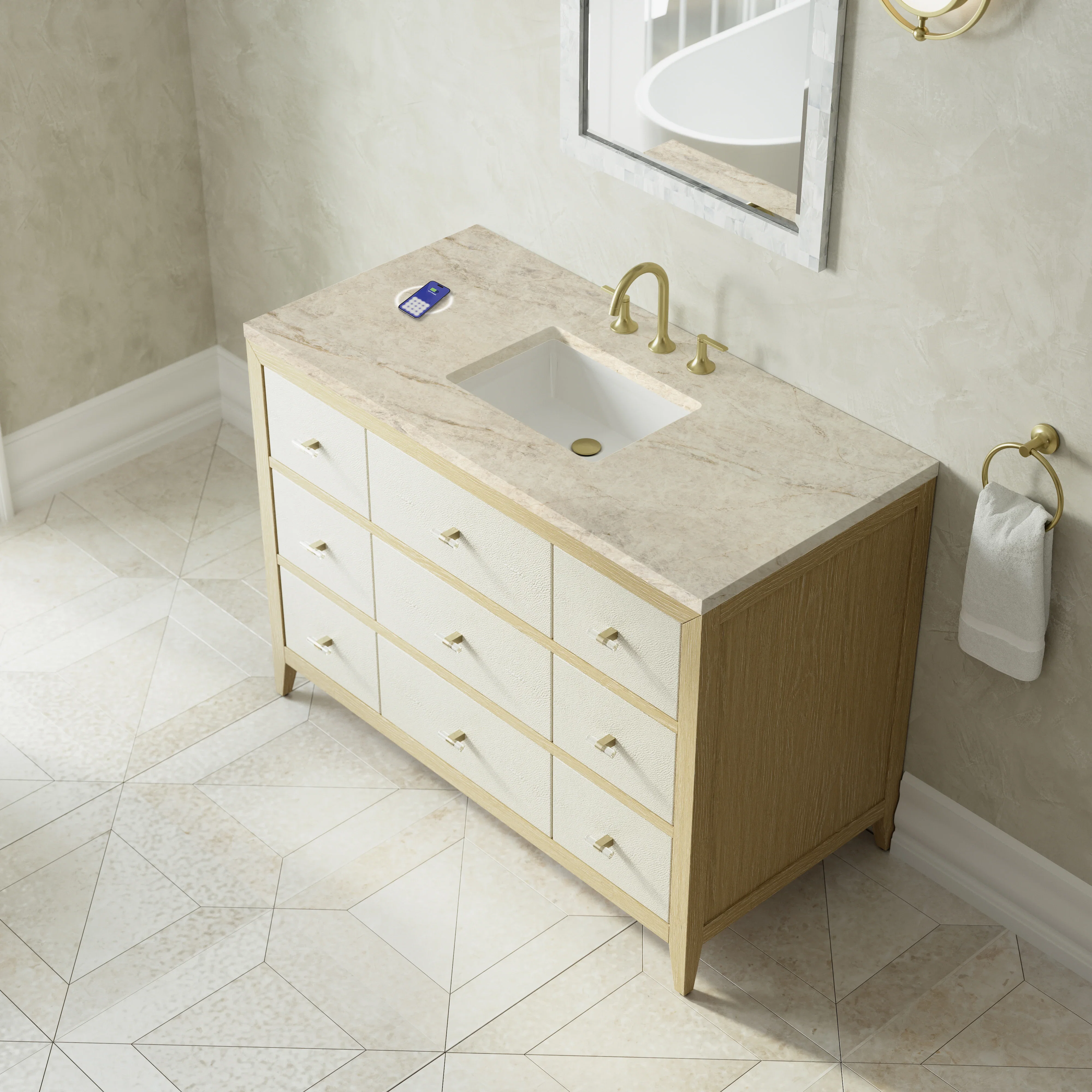 Celeste 48" Single Vanity, Sunwashed Oak with Embossed Shagreen, w/ 3 CM Tajnar Eclos Top w/FreePower Wireless Charger