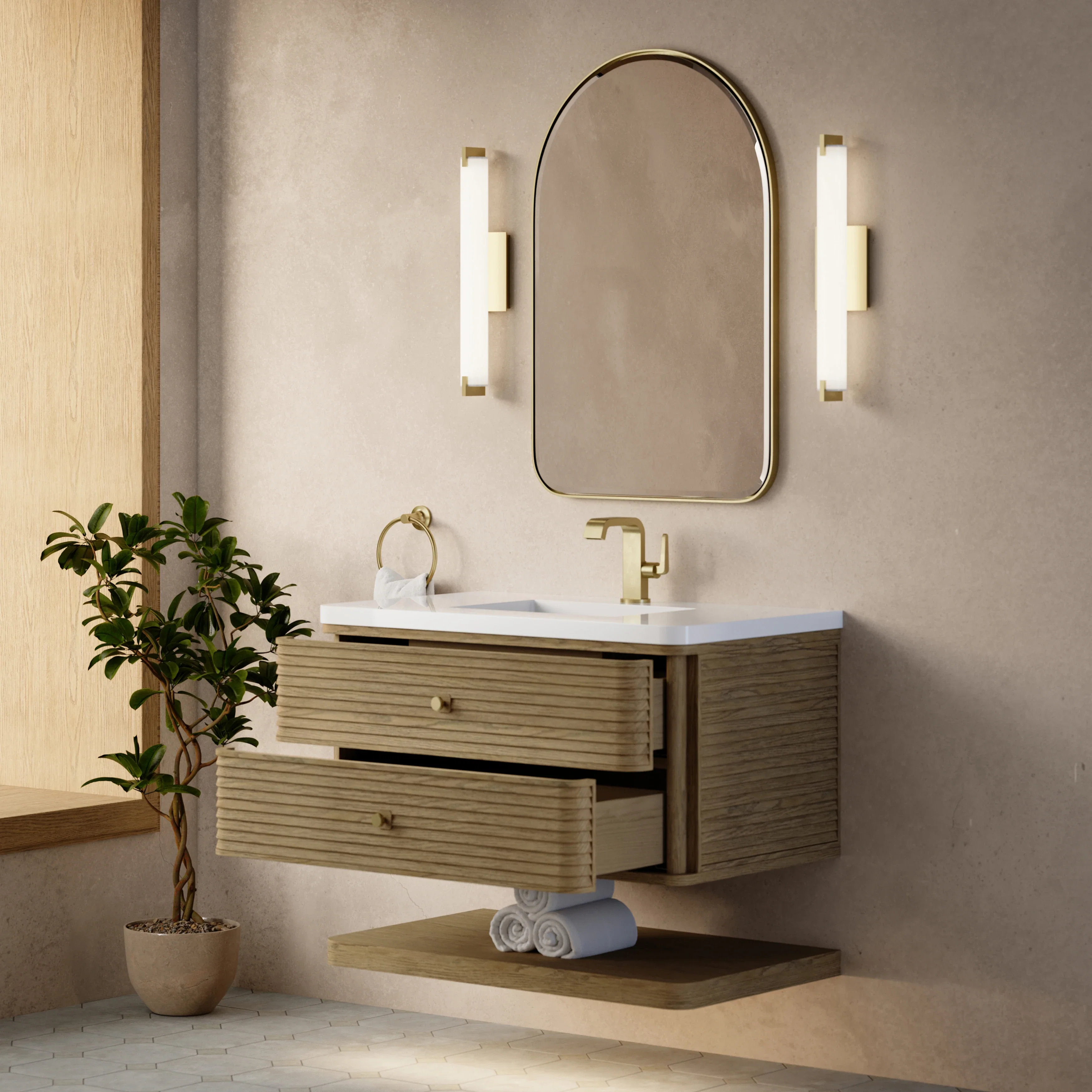 Allamari 36" Single Vanity, Dune Mist w/ Single Hole 3 CM White Zeus Silestone Top