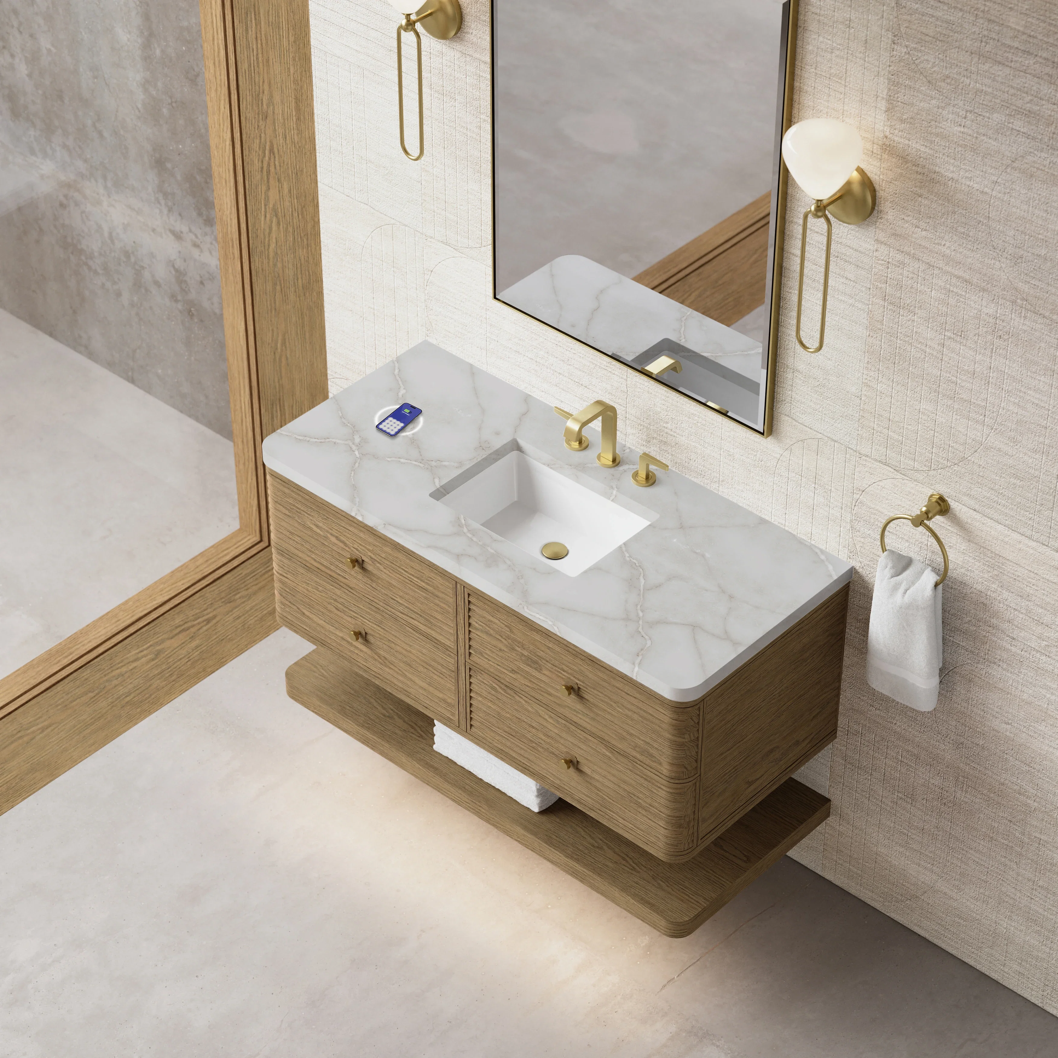 Allamari 48" Single Vanity, Dune Mist w/ 3 CM Victorian Silver Top w/FreePower Wireless Charger