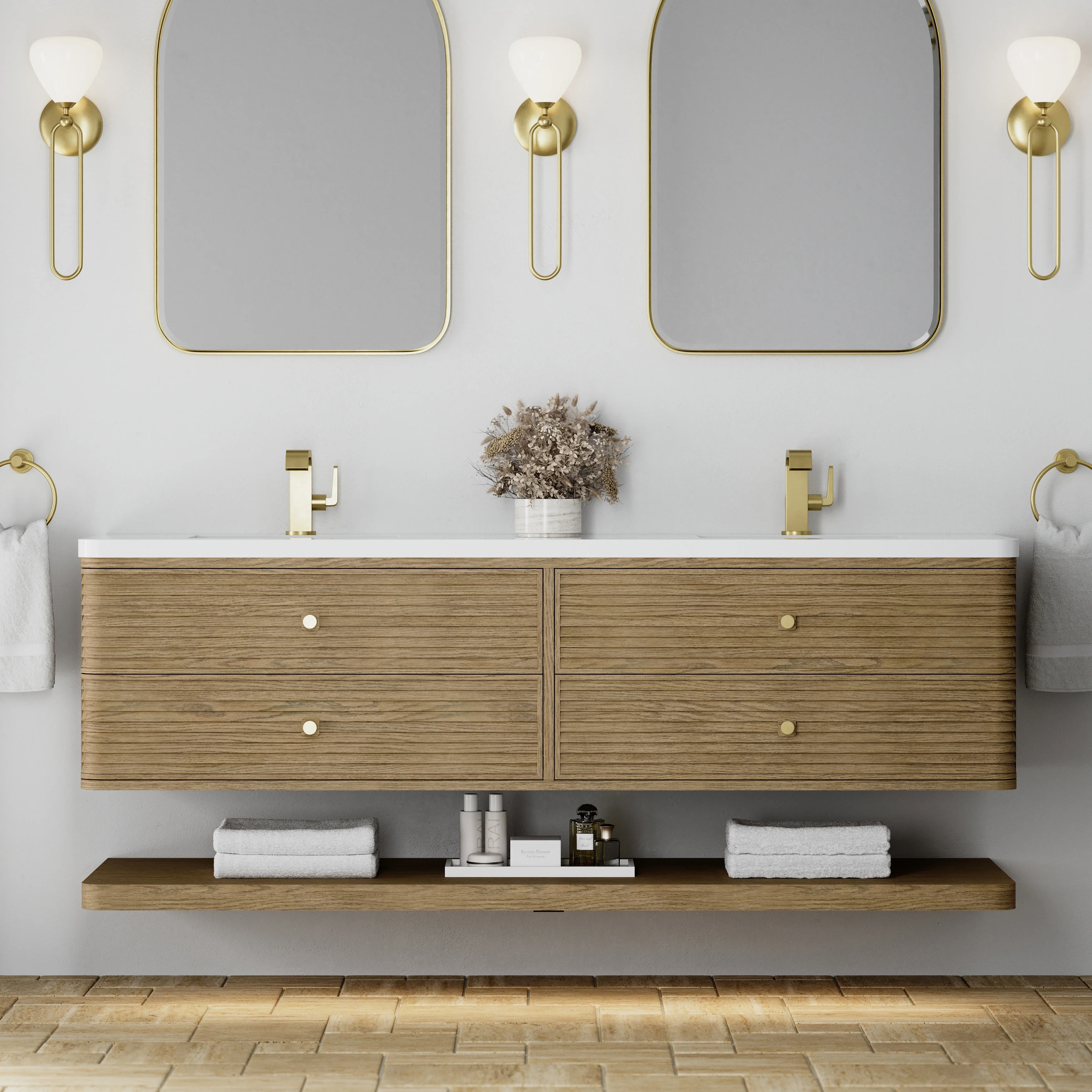Allamari 72" Double Vanity, Dune Mist w/ Single Hole 3 CM White Zeus Silestone Top