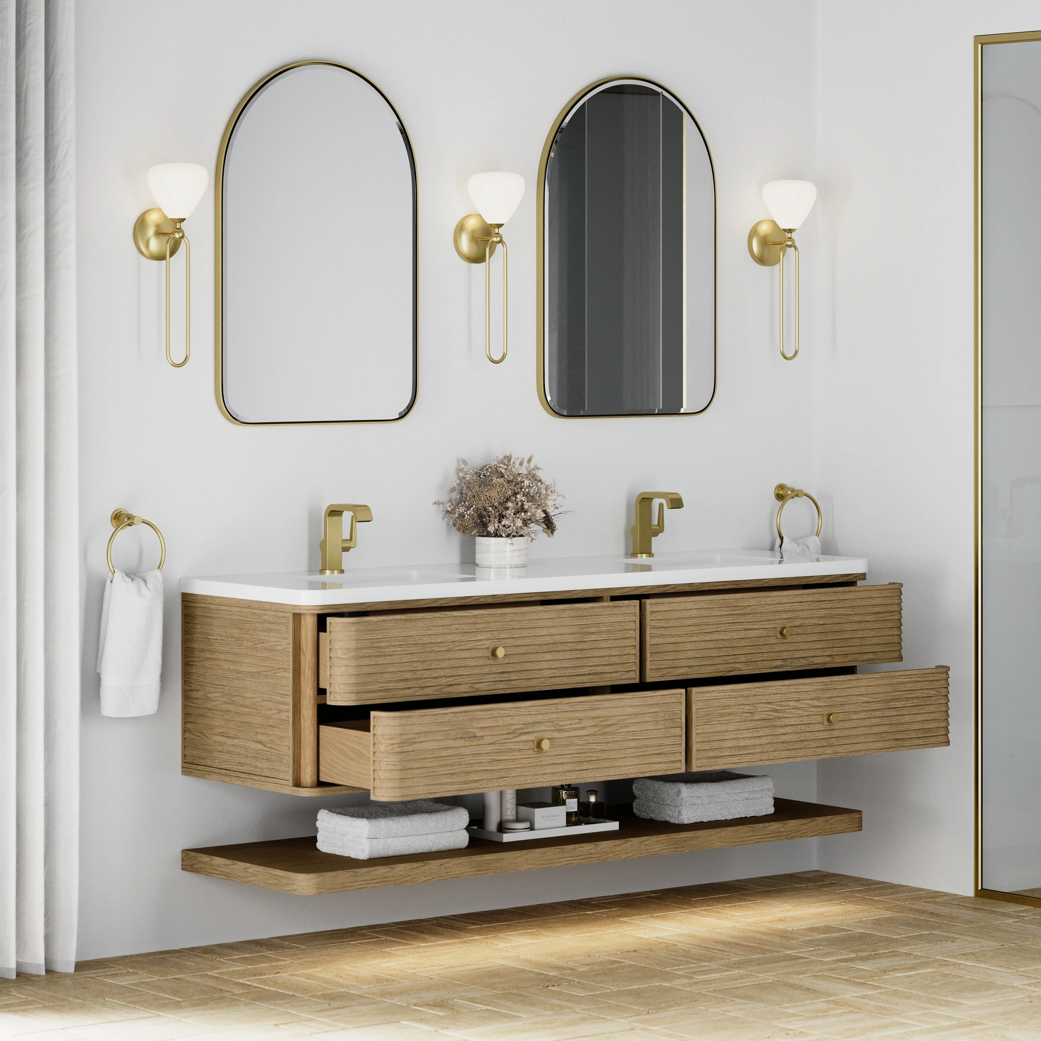 Allamari 72" Double Vanity, Dune Mist w/ Single Hole 3 CM White Zeus Silestone Top