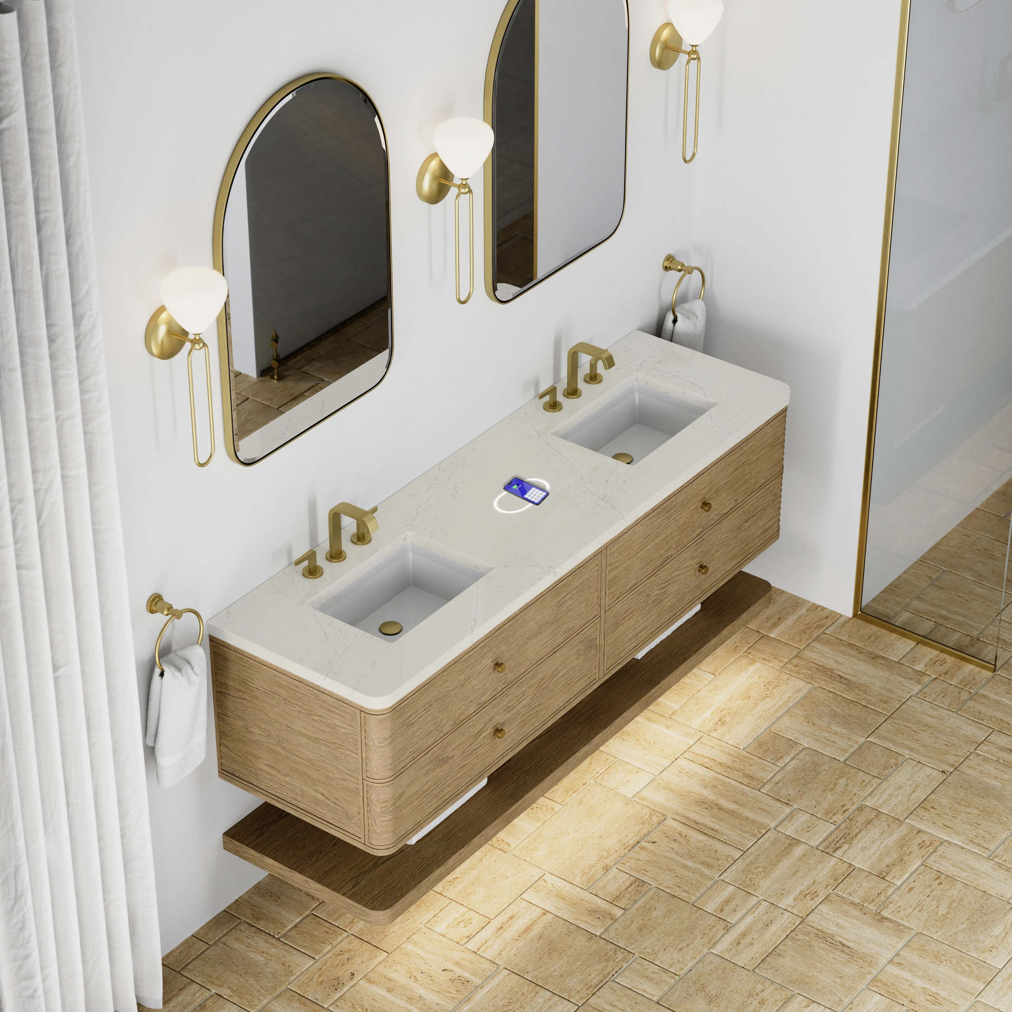 Allamari 72" Double Vanity, Dune Mist w/ 3 CM Siberian Silestone Top w/FreePower Wireless Charger