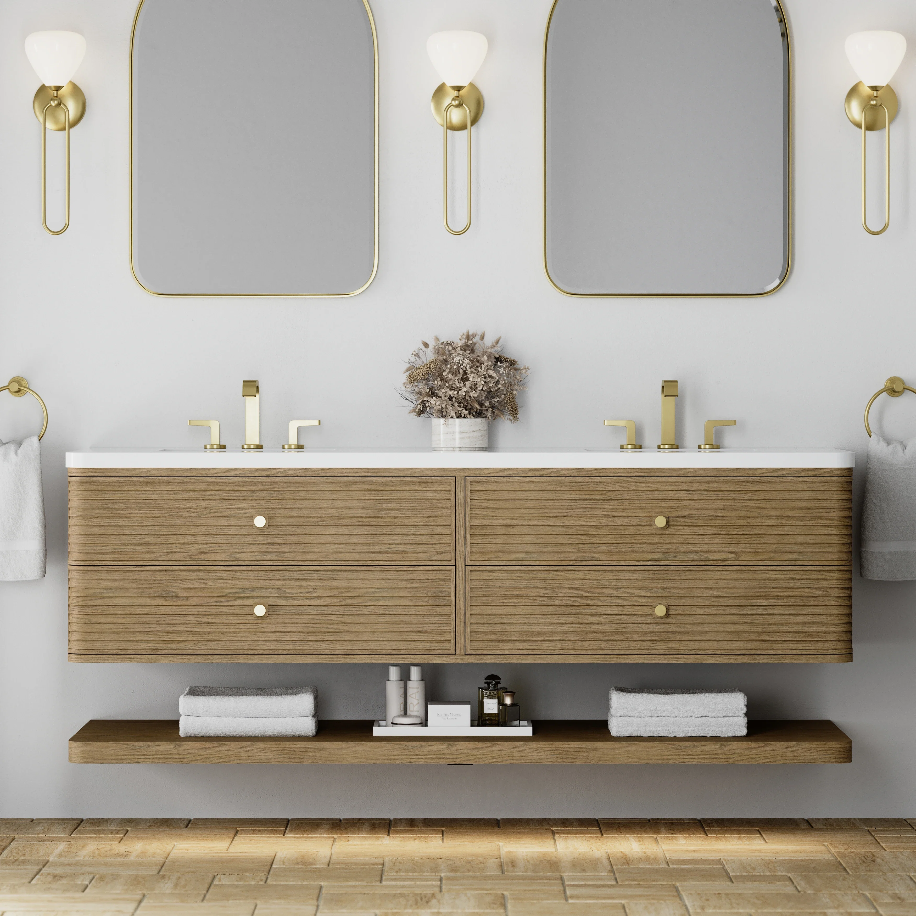 Allamari 72" Double Vanity, Dune Mist w/ 3 CM White Zeus Silestone Top