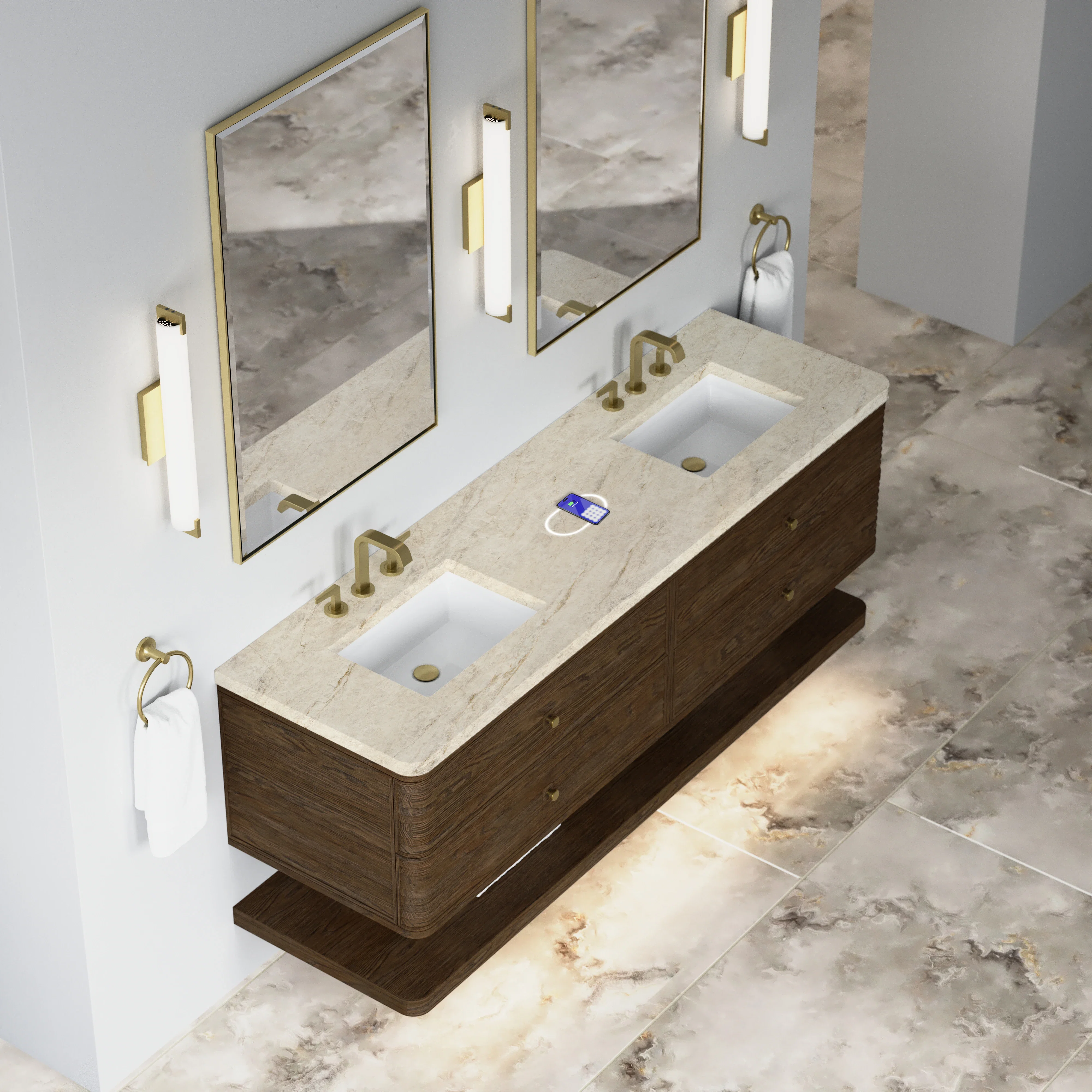 Allamari 72" Double Vanity, Sable w/ 3 CM Tajnar Eclos Top w/FreePower Wireless Charger