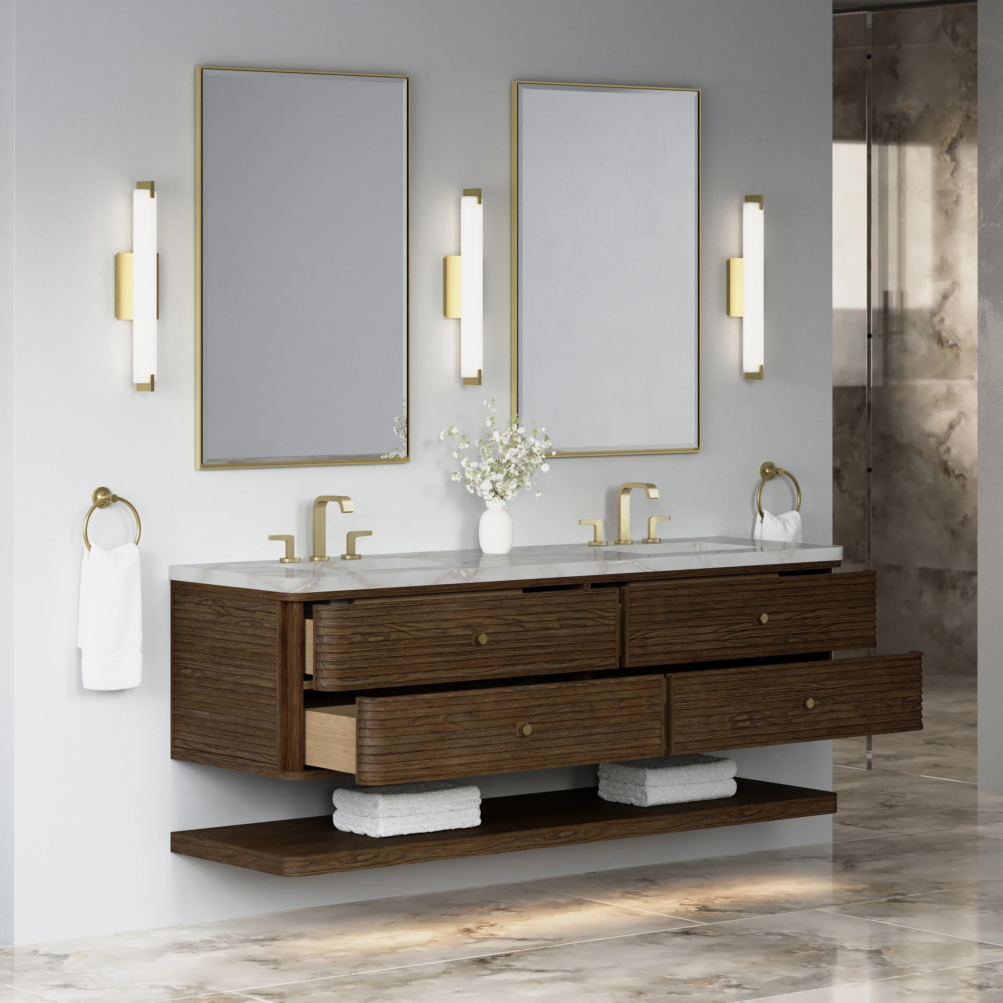 Allamari 72" Double Vanity, Sable w/ 3 CM Victorian Silver Top w/FreePower Wireless Charger