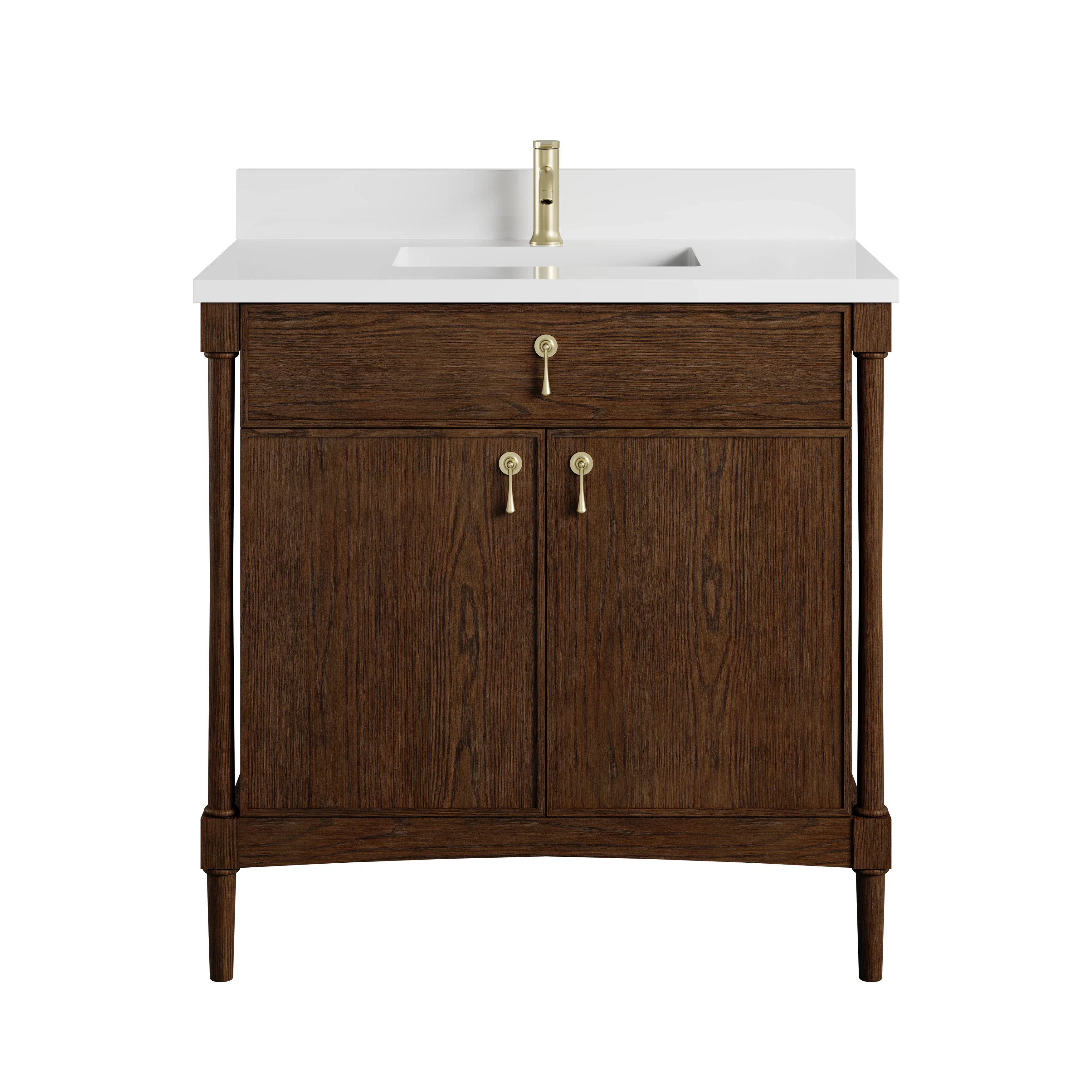 Kinnsden 36" Single Vanity, Sable Oak w/ Single Hole 3 CM White Zeus Silestone Top and Matching Backsplash