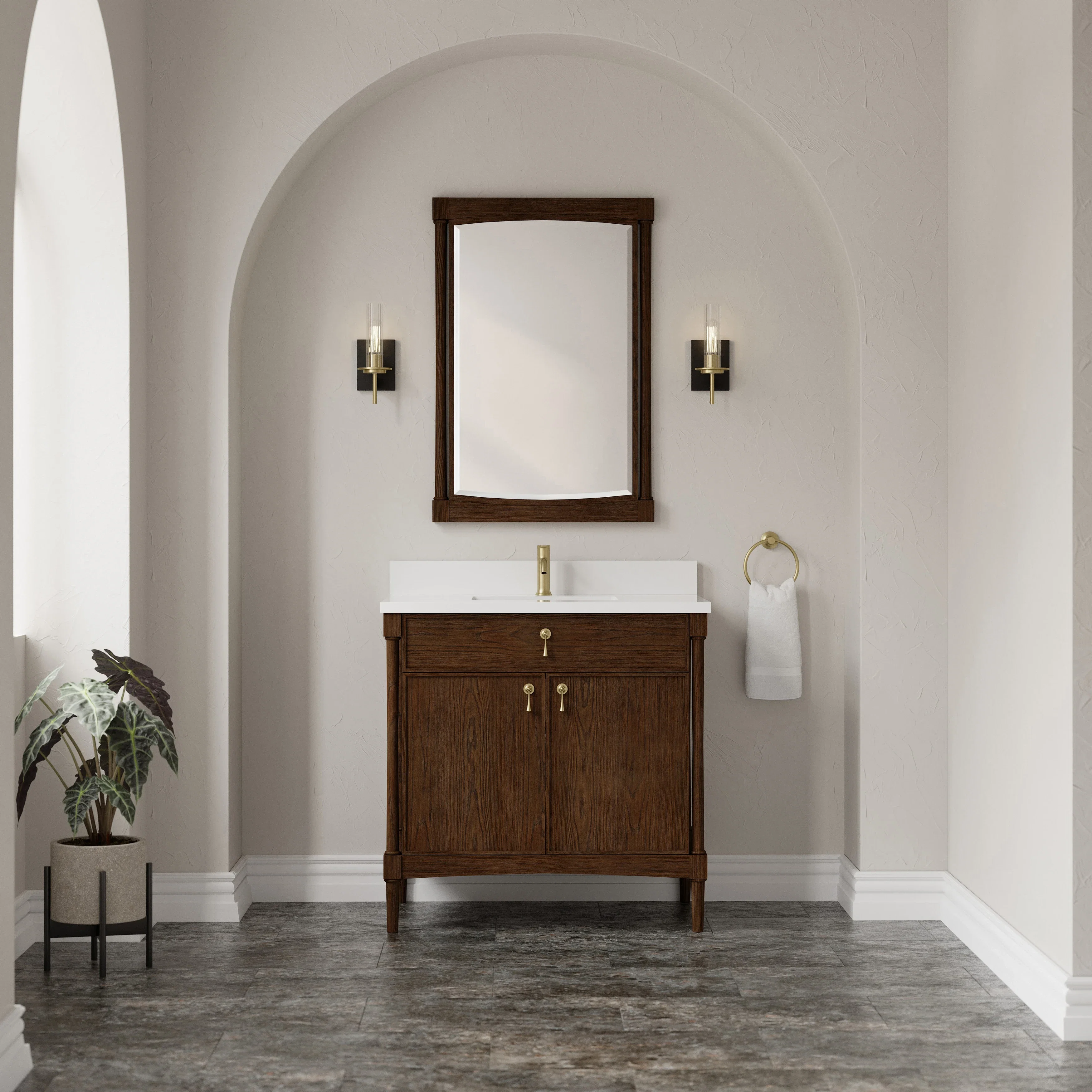 Kinnsden 36" Single Vanity, Sable Oak w/ Single Hole 3 CM White Zeus Silestone Top and Matching Backsplash