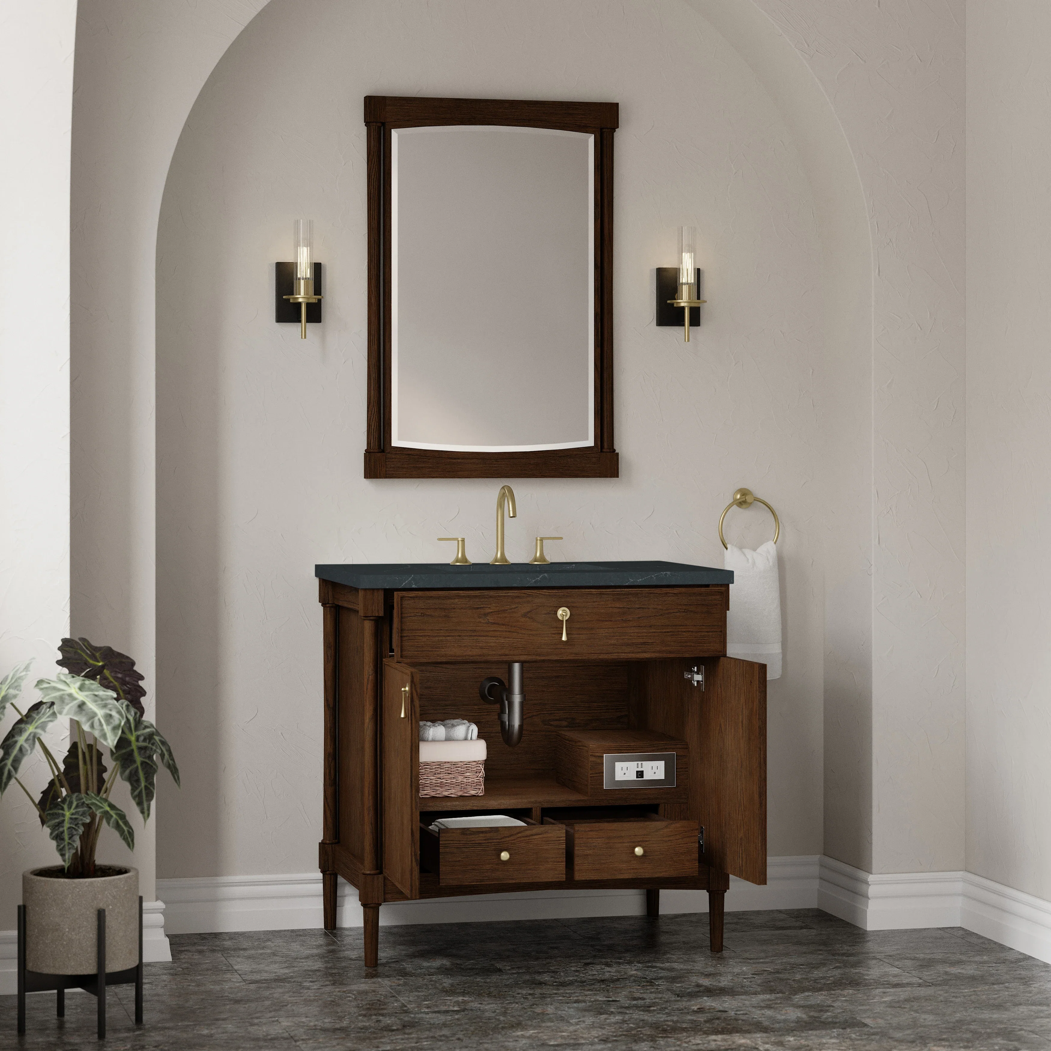 Kinnsden 36" Single Vanity, Sable Oak w/ 3 CM Charcoal Soapstone Silestone Top