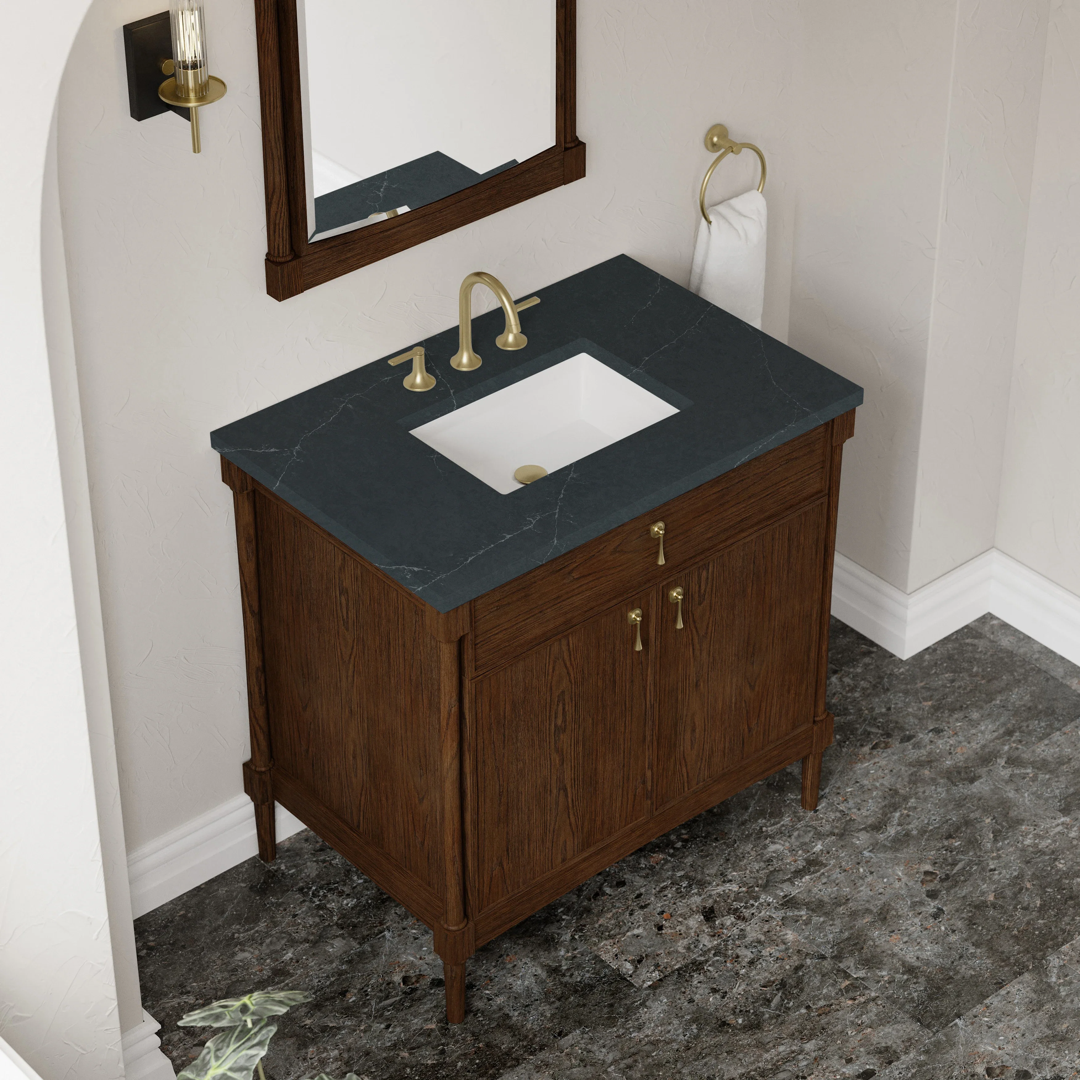 Kinnsden 36" Single Vanity, Sable Oak w/ 3 CM Charcoal Soapstone Silestone Top