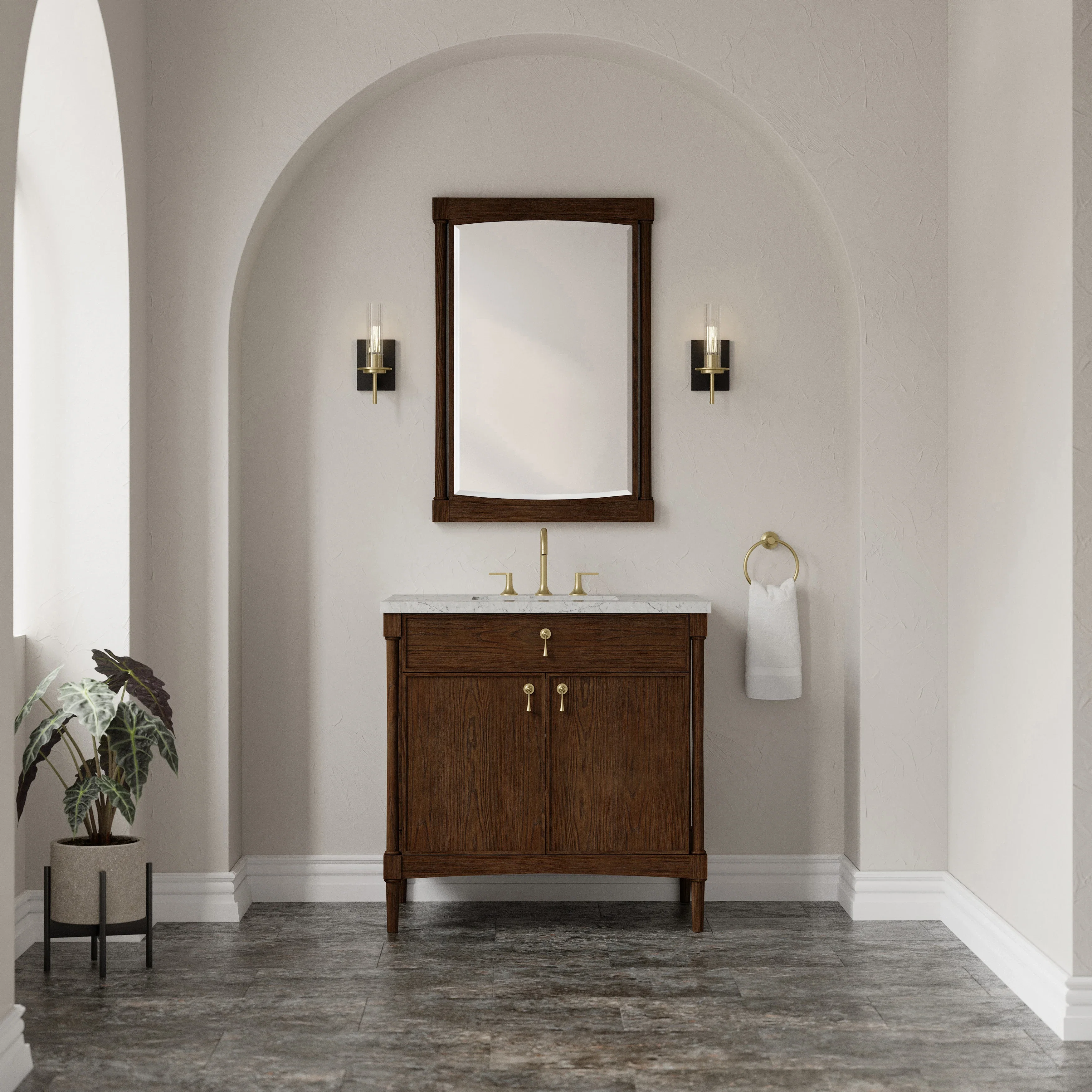 Kinnsden 36" Single Vanity, Sable Oak w/ 3 CM Eternal Jasmine Pearl Silestone Top
