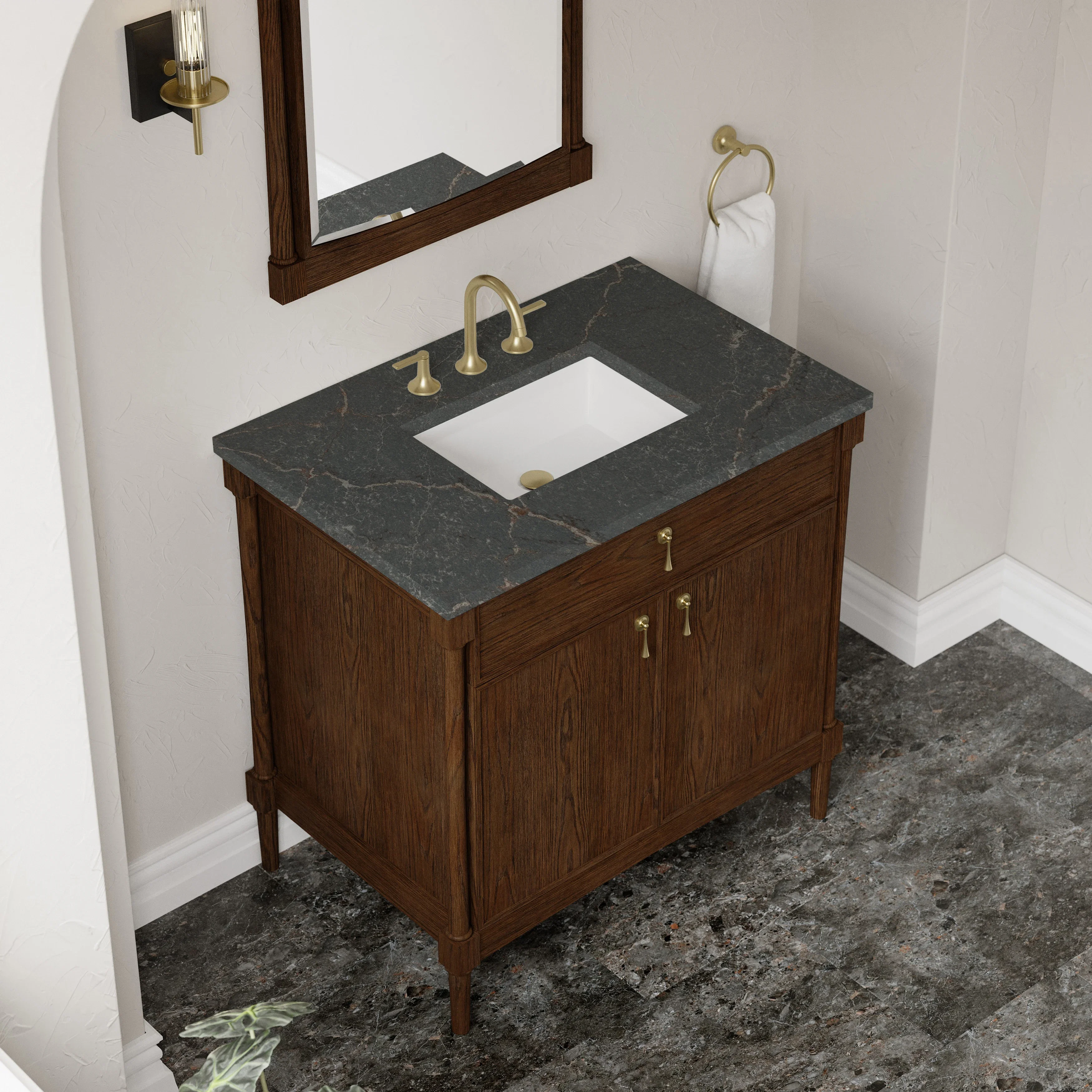 Kinnsden 36" Single Vanity, Sable Oak w/ 3 CM Parisien Bleu Silestone Top