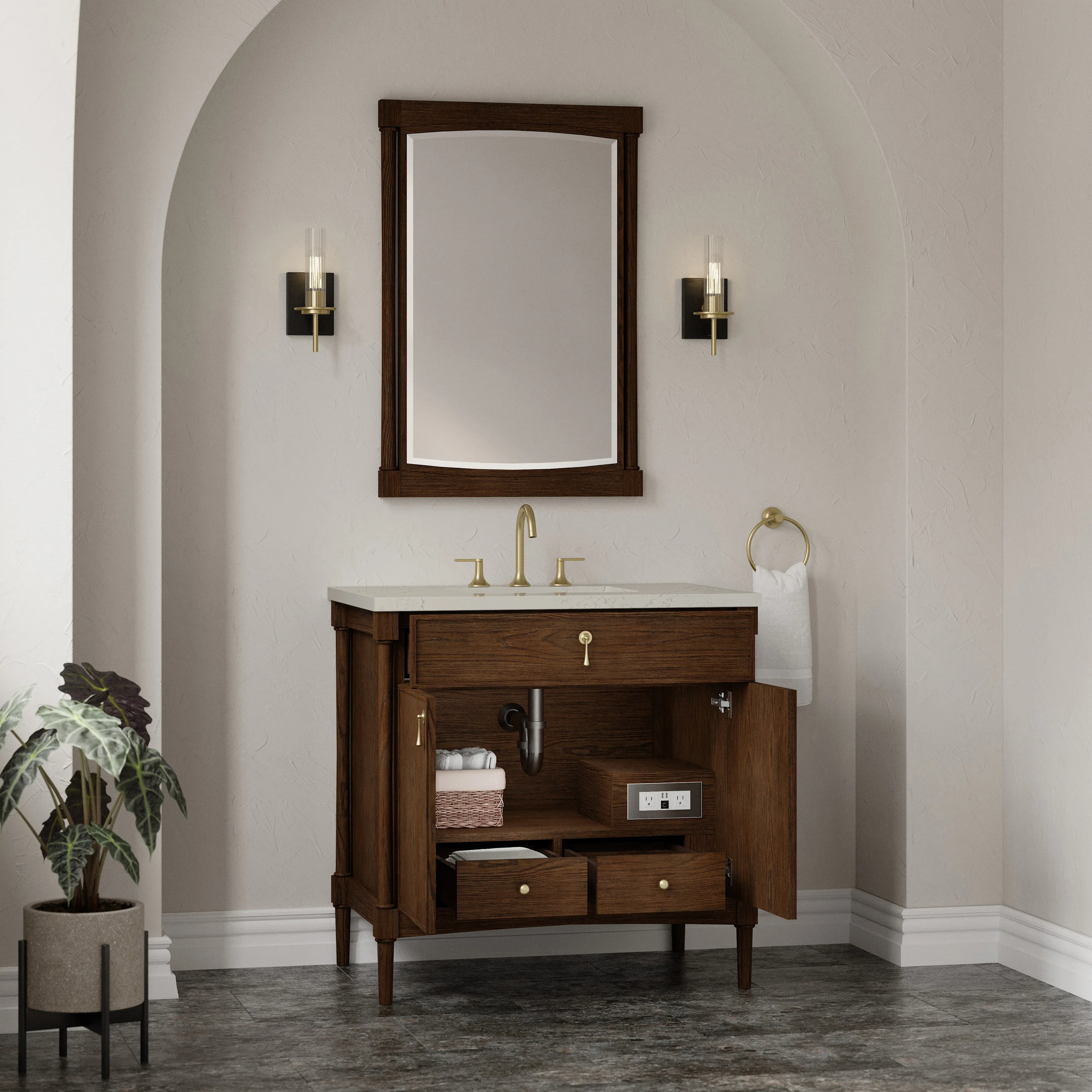 Kinnsden 36" Single Vanity, Sable Oak w/ 3 CM Siberian Silestone Top