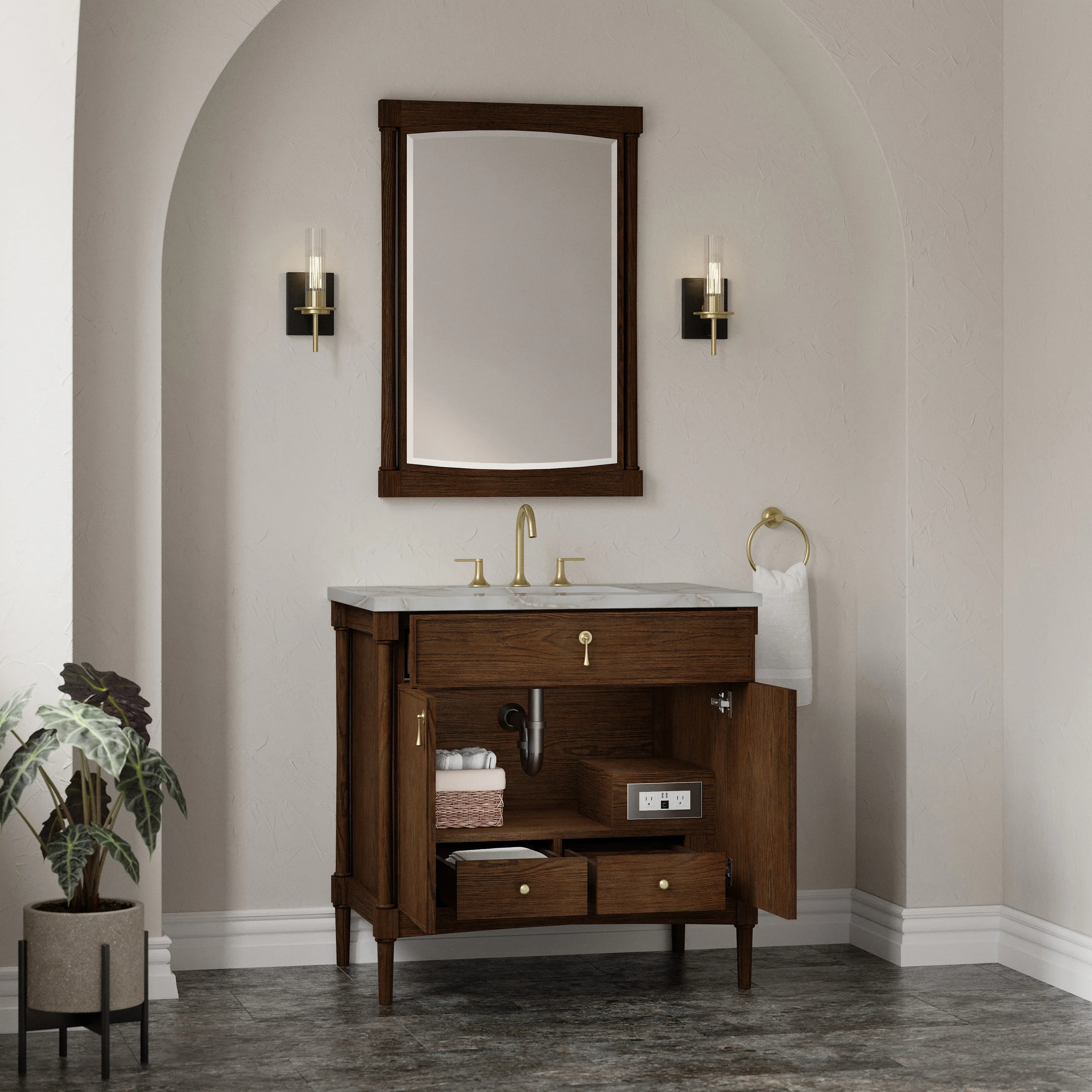 Kinnsden 36" Single Vanity, Sable Oak w/ 3 CM Victorian Silver Silestone Top