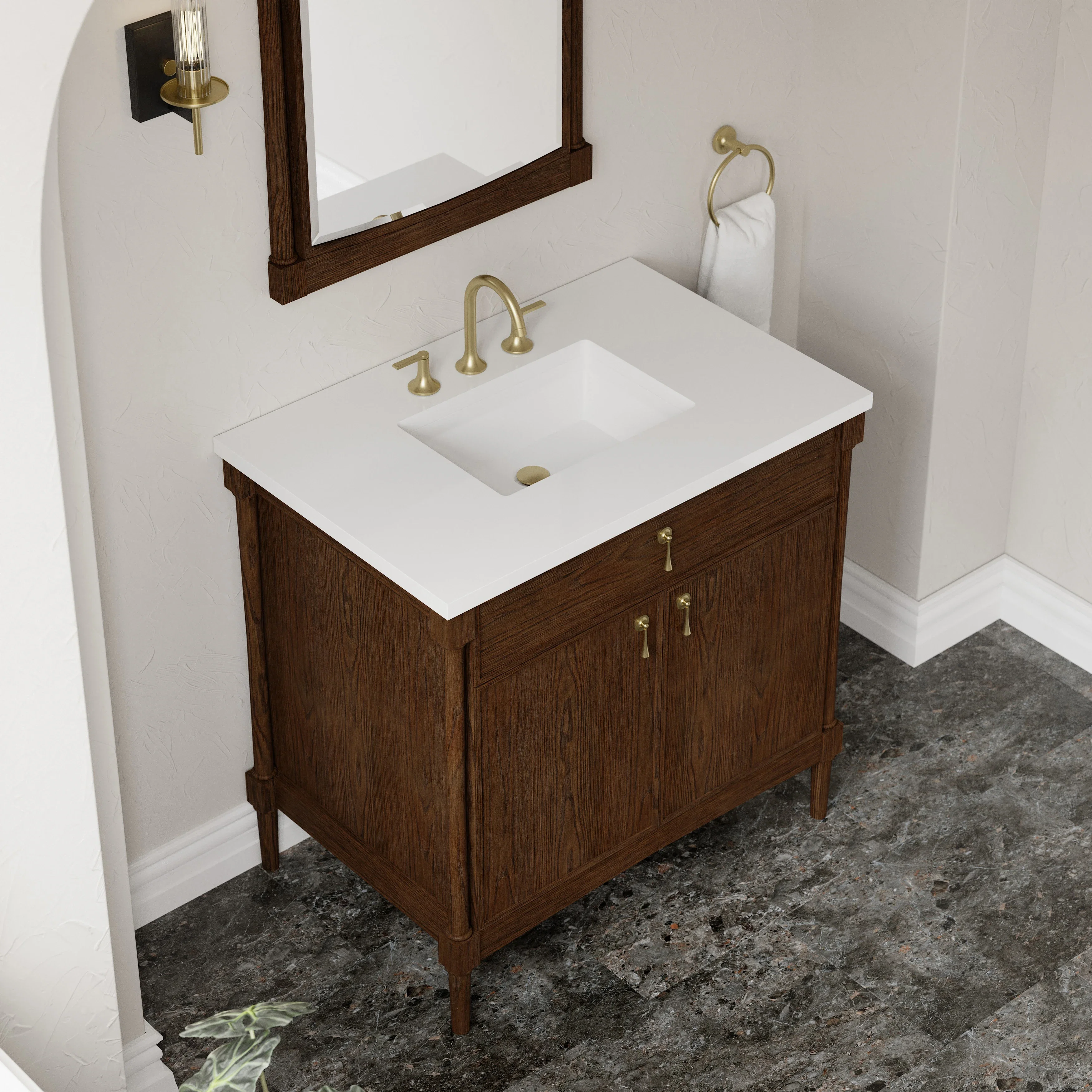 Kinnsden 36" Single Vanity, Sable Oak w/ 3 CM White Zeus Silestone Top
