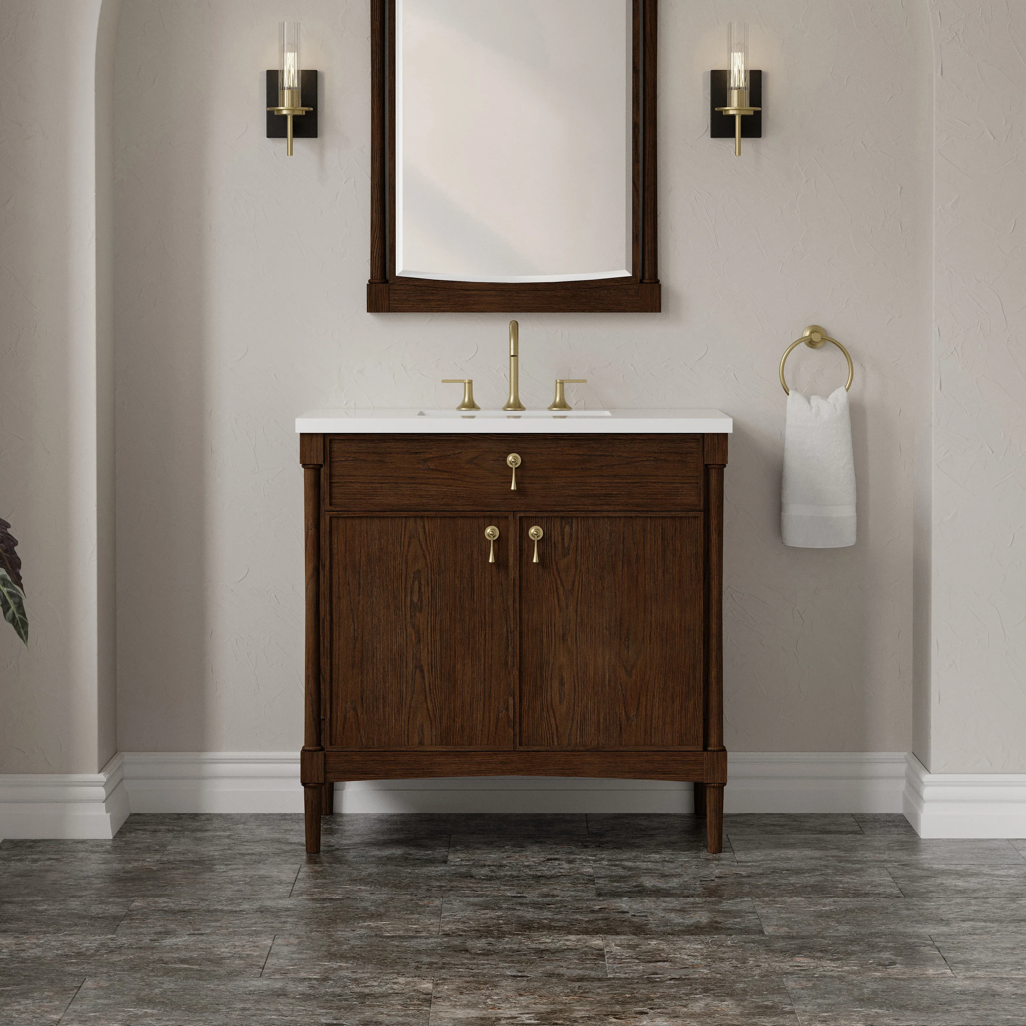 Kinnsden 36" Single Vanity, Sable Oak w/ 3 CM White Zeus Silestone Top