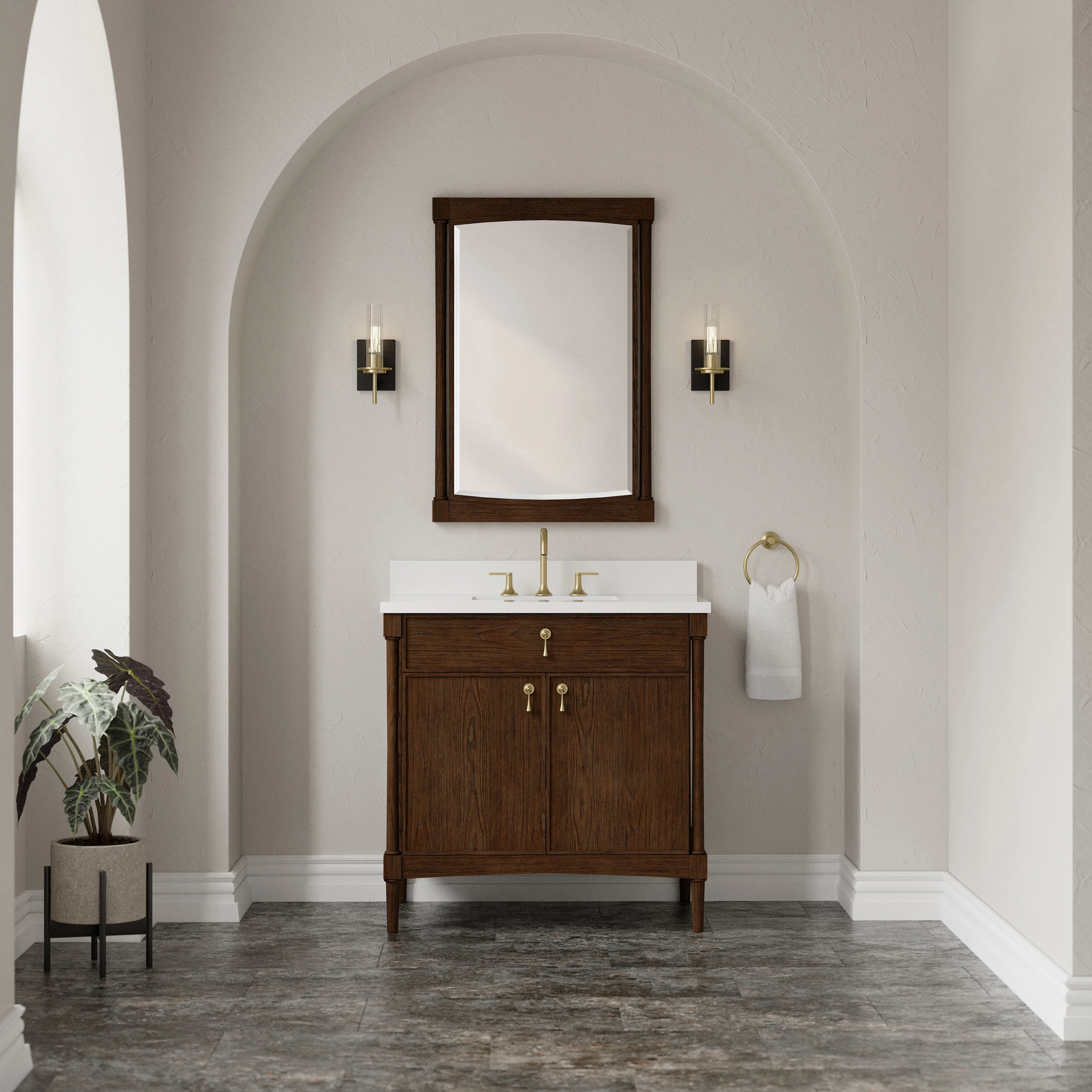 Kinnsden 36" Single Vanity, Sable Oak w/ 3 CM White Zeus Silestone Top