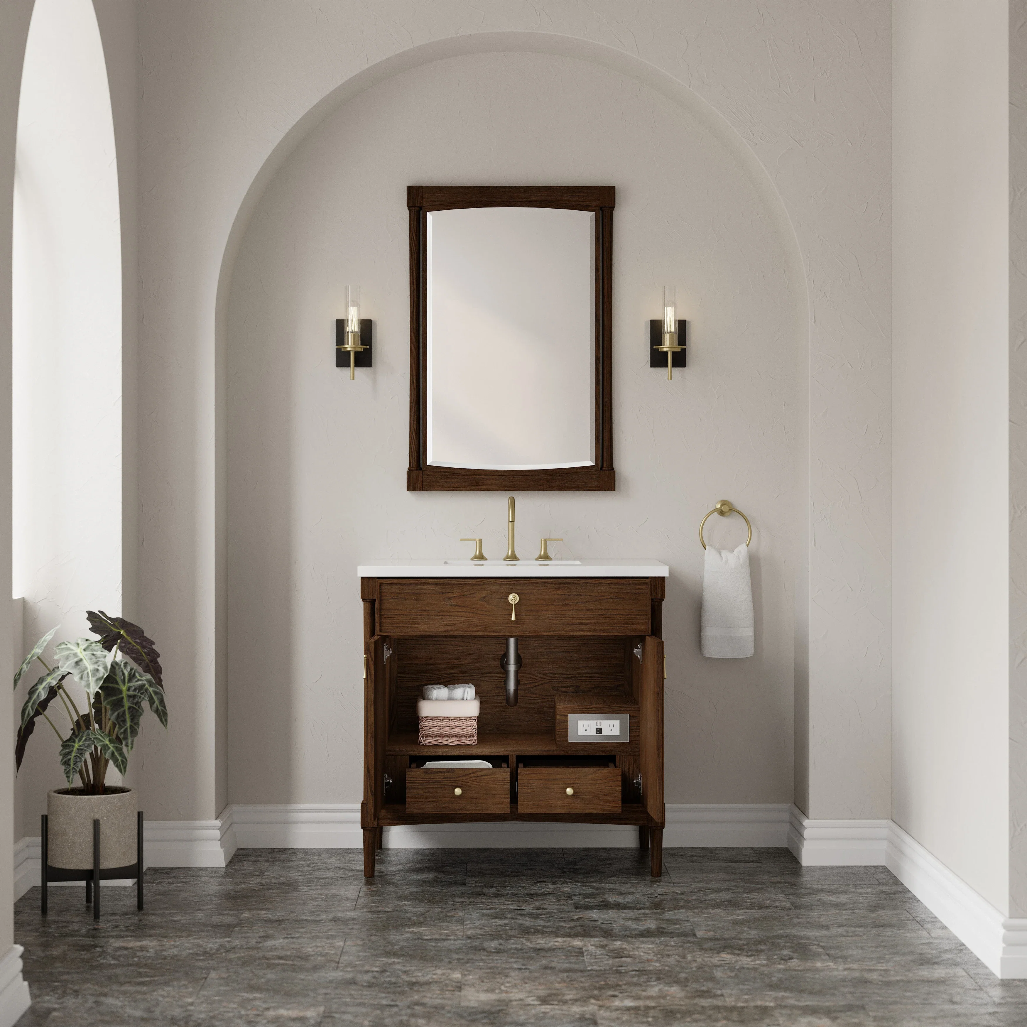 Kinnsden 36" Single Vanity, Sable Oak w/ 3 CM White Zeus Silestone Top
