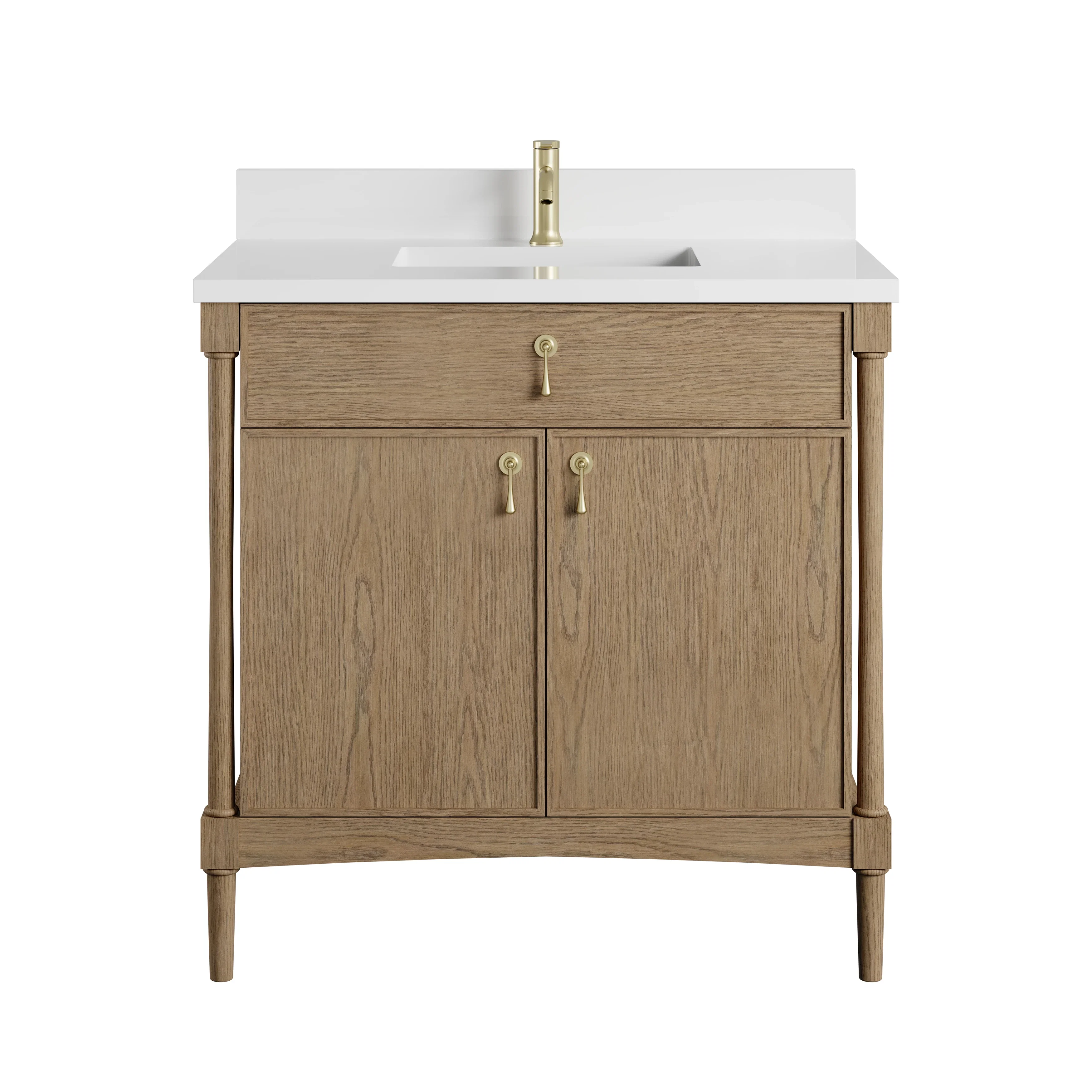 Kinnsden 36" Single Vanity, Weathered Oak w/ Single Hole 3 CM White Zeus Silestone Top and Matching Backsplash