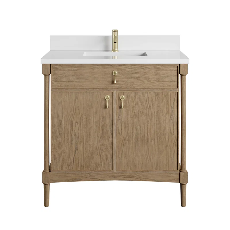 Kinnsden 36" Single Vanity, Weathered Oak w/ Single Hole 3 CM White Zeus Silestone Top and Matching Backsplash