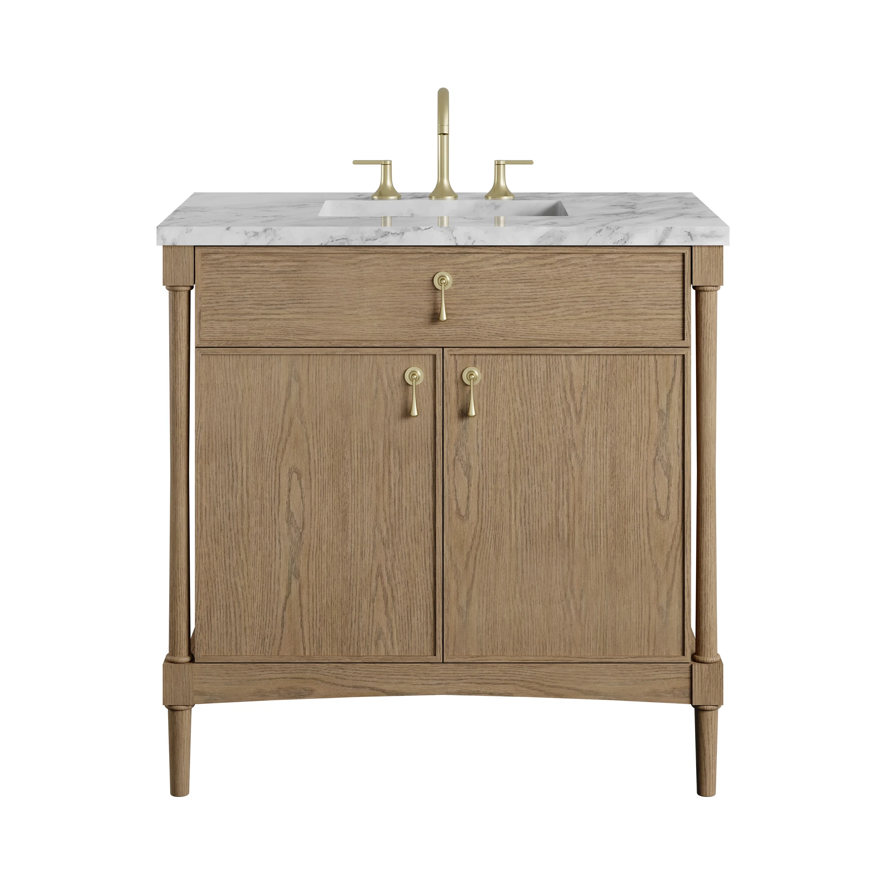 Kinnsden 36" Single Vanity, Weathered Oak w/ 3 CM Carrara Marble Top