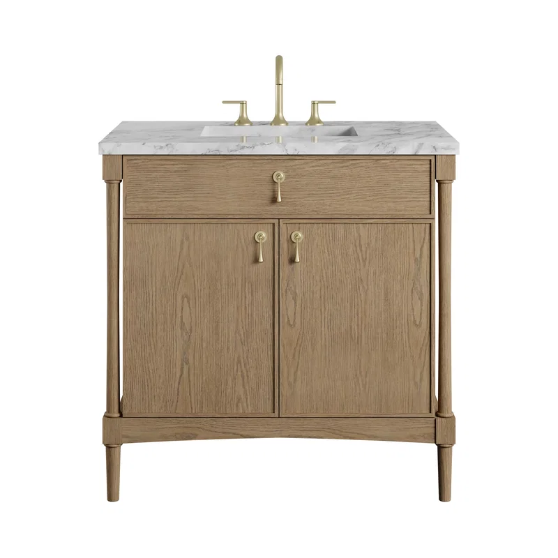 Kinnsden 36" Single Vanity, Weathered Oak w/ 3 CM Carrara Marble Top