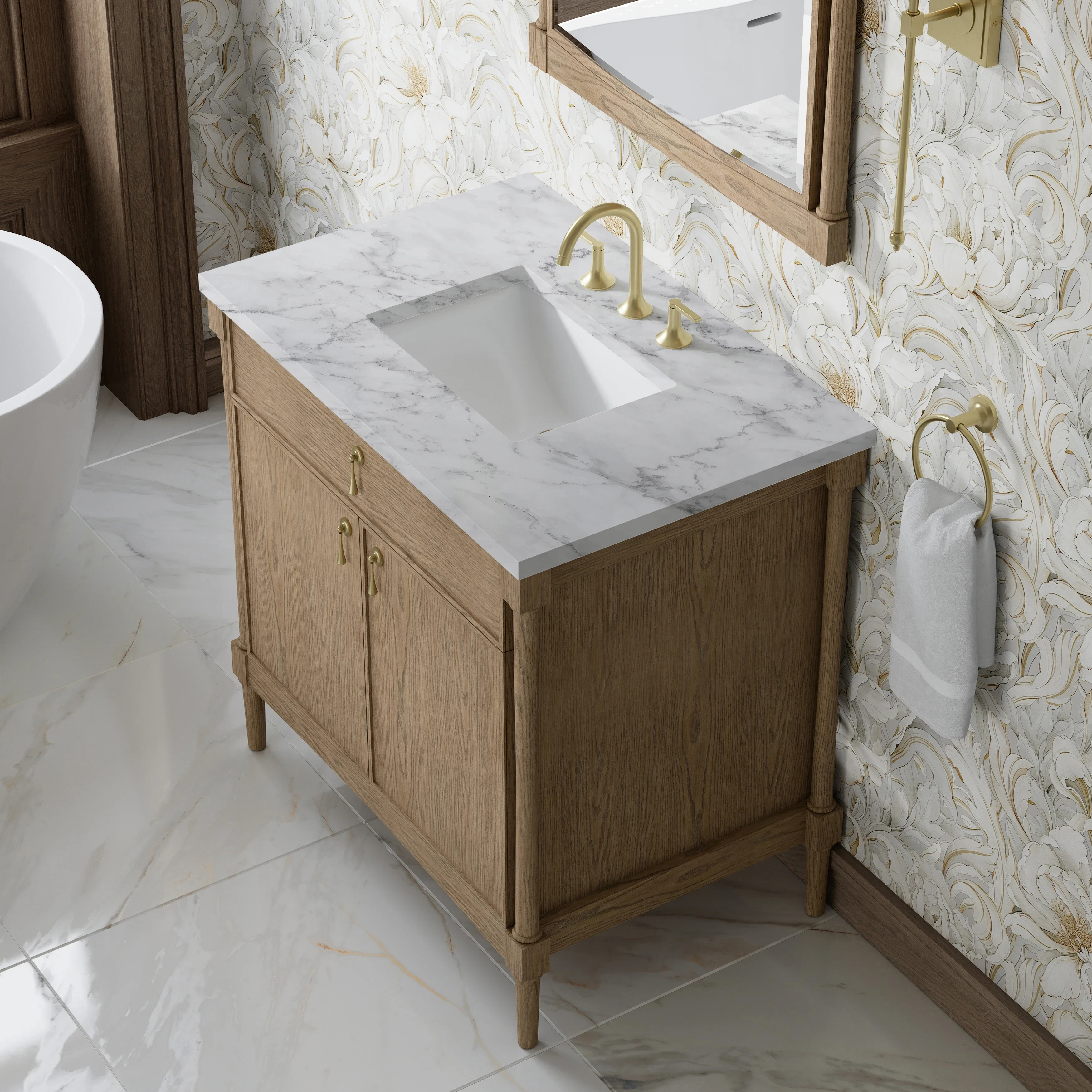 Kinnsden 36" Single Vanity, Weathered Oak w/ 3 CM Carrara Marble Top