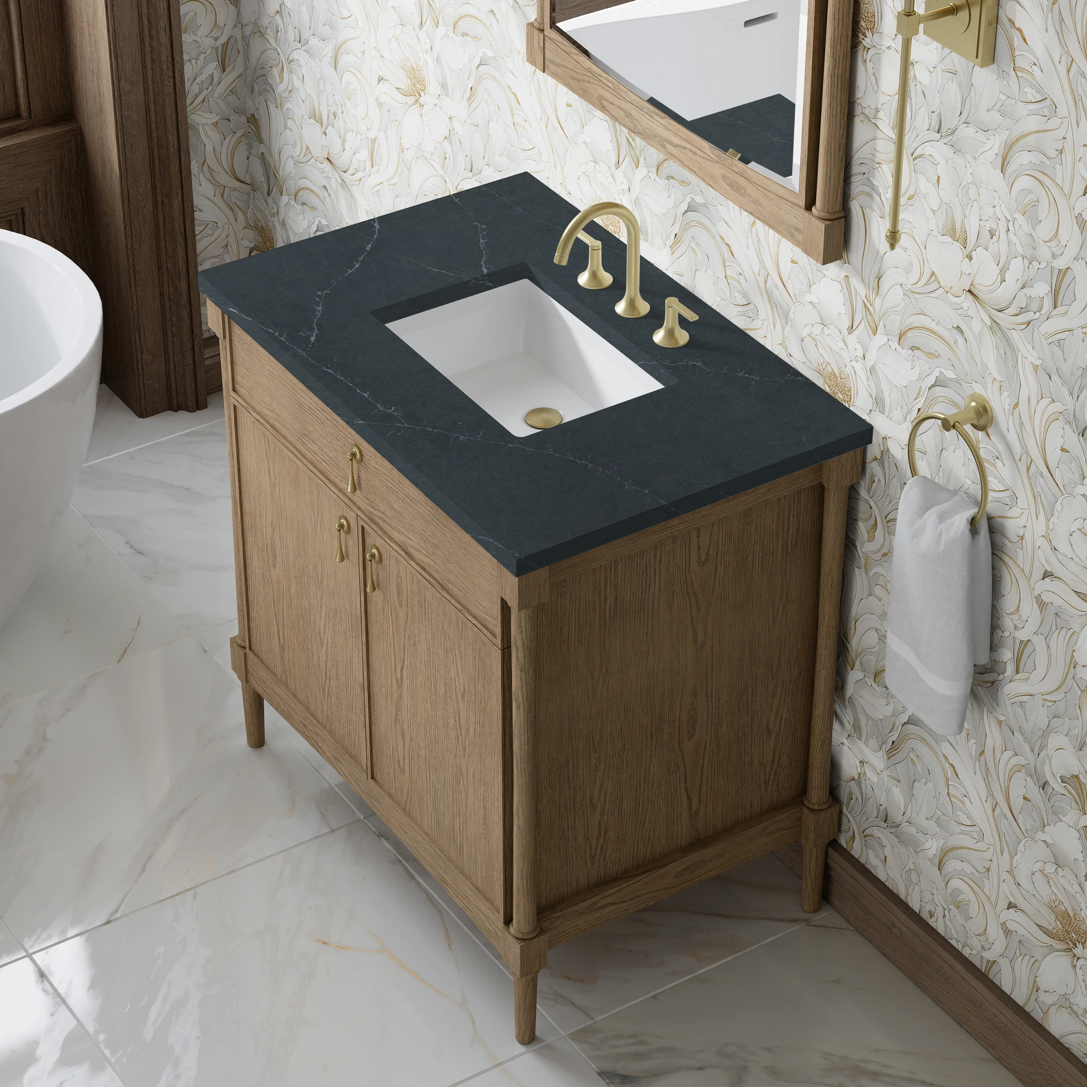 Kinnsden 36" Single Vanity, Weathered Oak w/ 3 CM Charcoal Soapstone Silestone Top