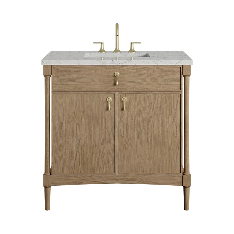 Kinnsden 36" Single Vanity, Weathered Oak w/ 3 CM Eternal Jasmine Pearl Silestone Top