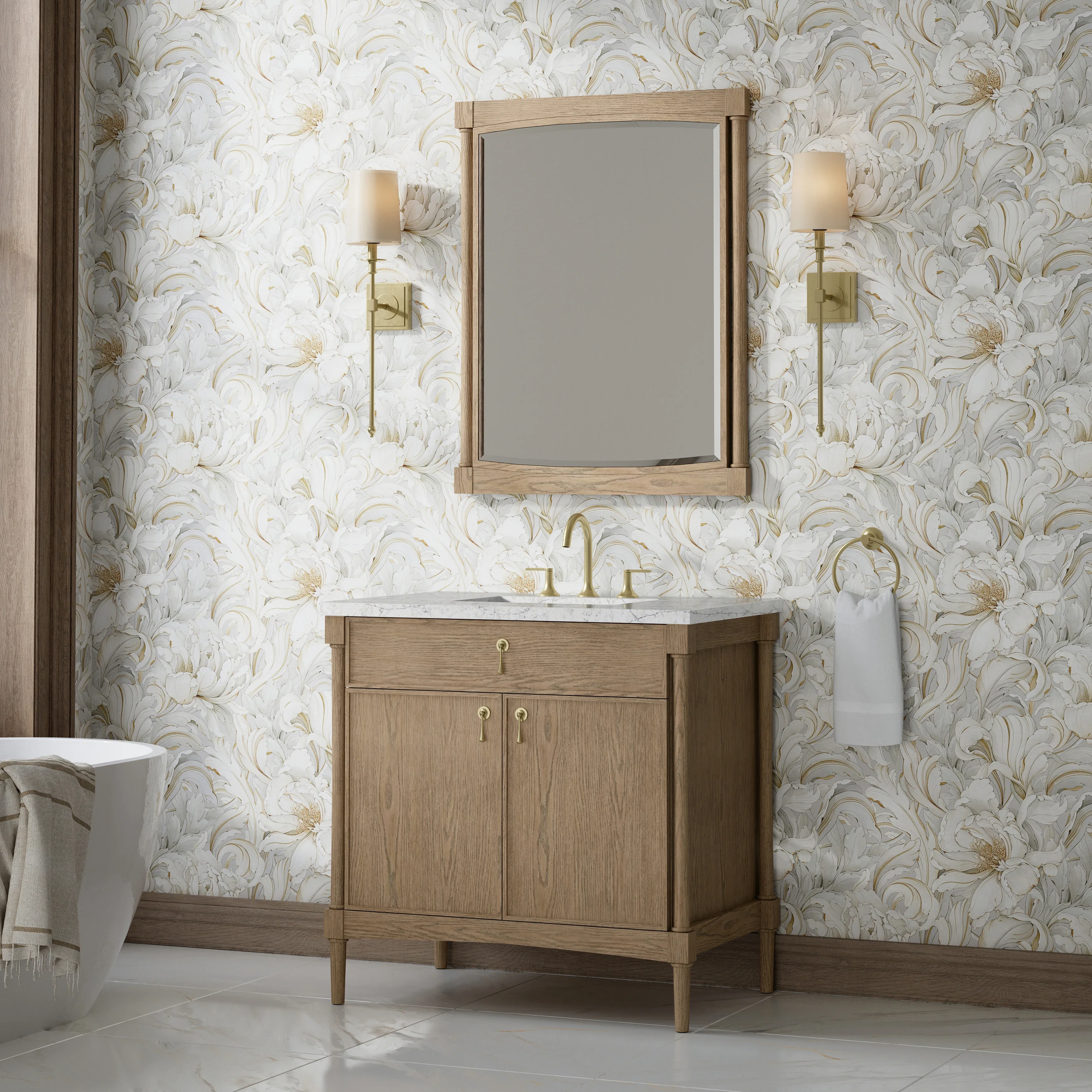 Kinnsden 36" Single Vanity, Weathered Oak w/ 3 CM Eternal Jasmine Pearl Silestone Top
