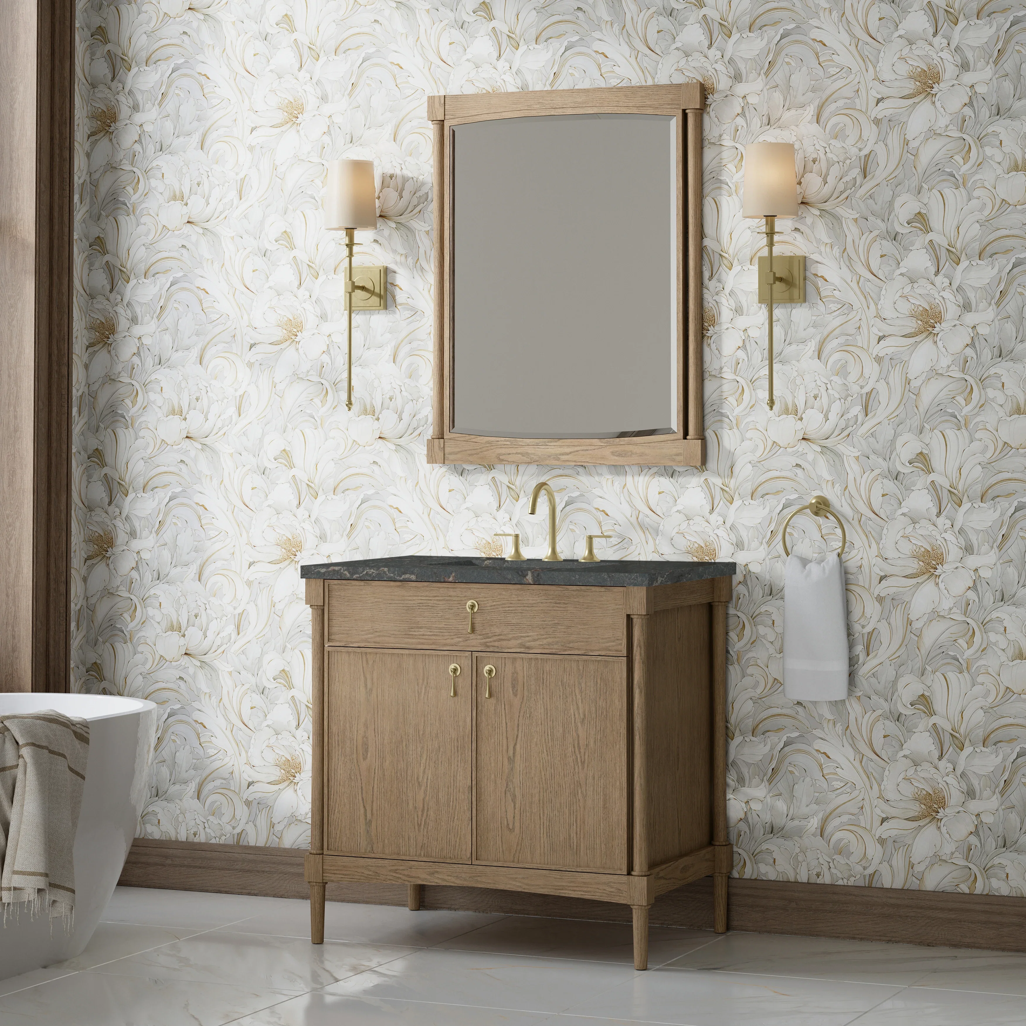 Kinnsden 36" Single Vanity, Weathered Oak w/ 3 CM Parisien Bleu Silestone Top