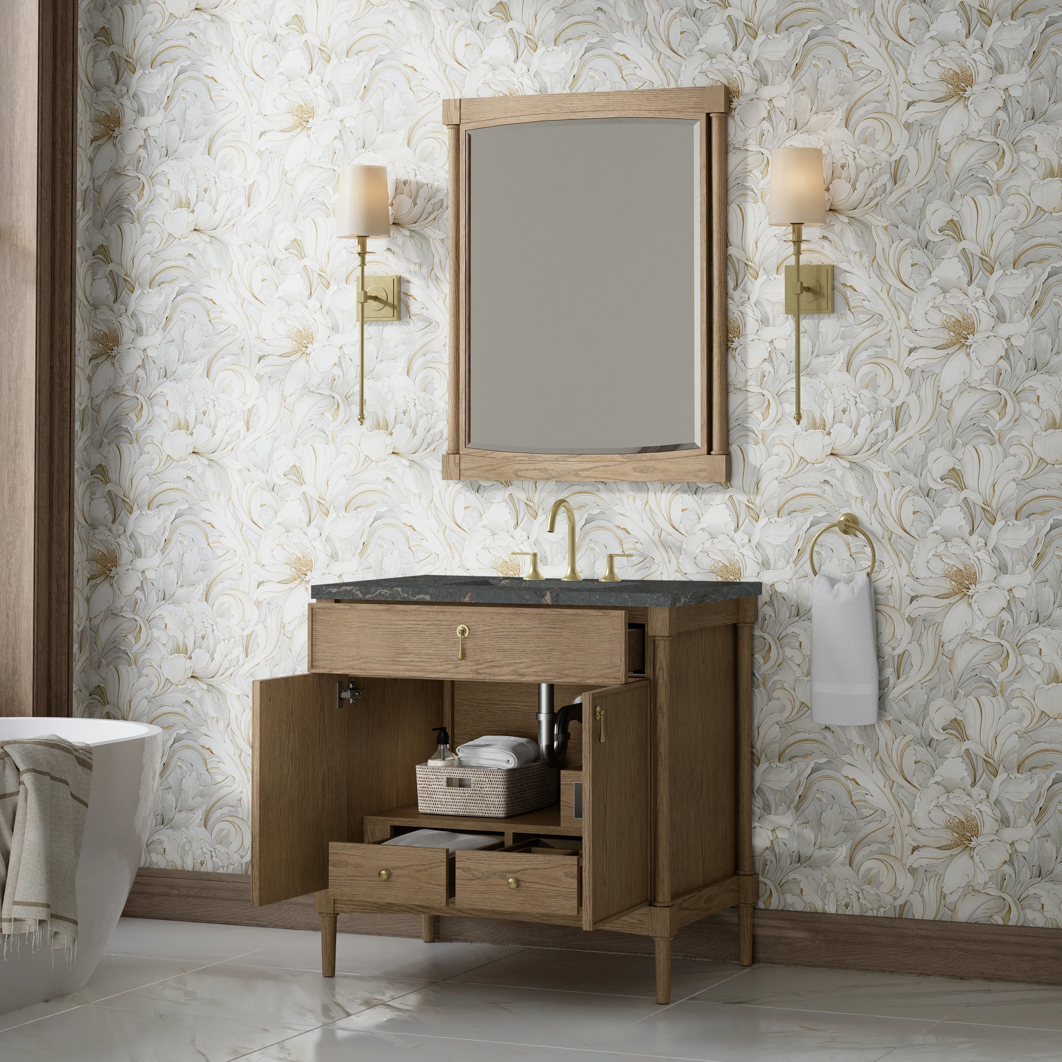 Kinnsden 36" Single Vanity, Weathered Oak w/ 3 CM Parisien Bleu Silestone Top