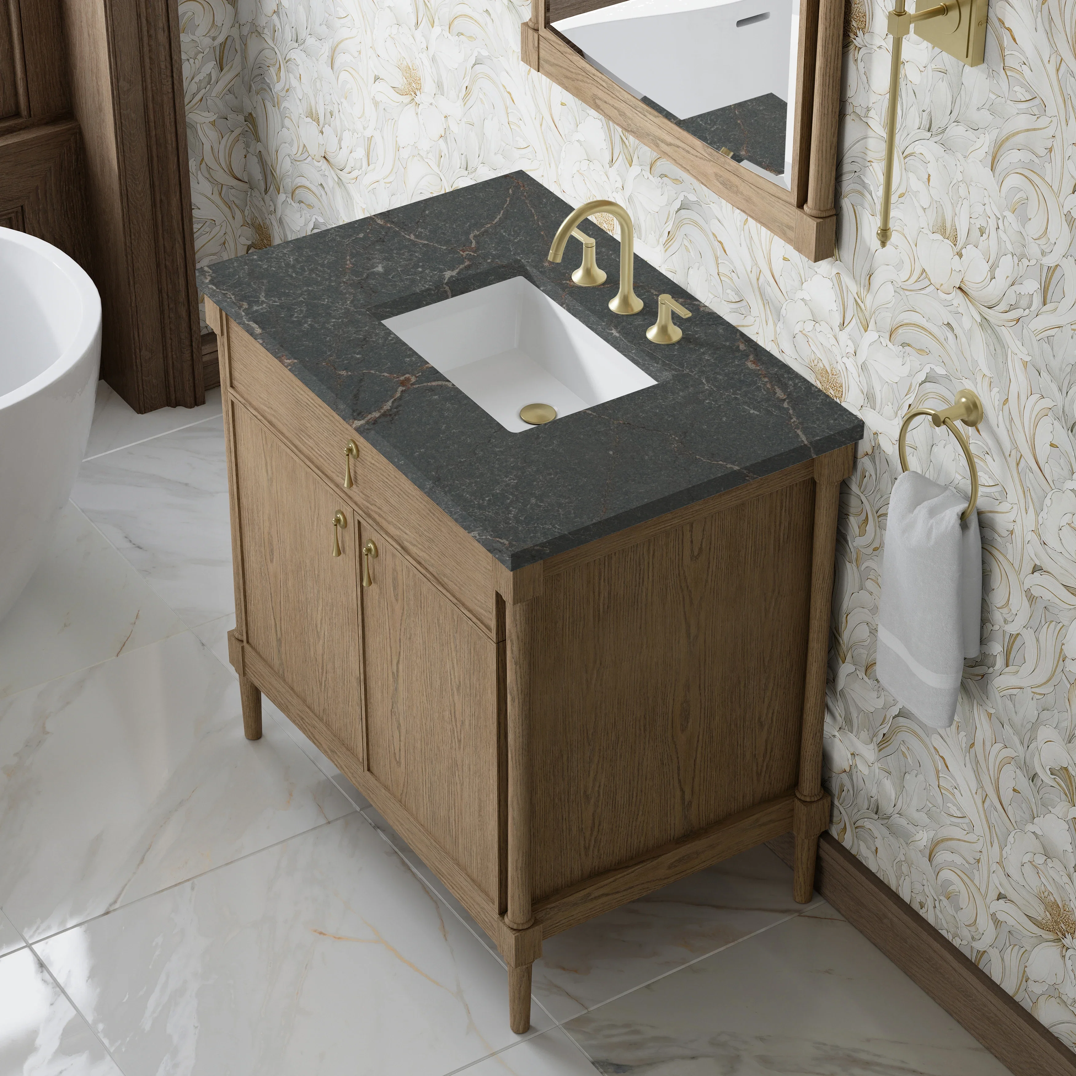 Kinnsden 36" Single Vanity, Weathered Oak w/ 3 CM Parisien Bleu Silestone Top