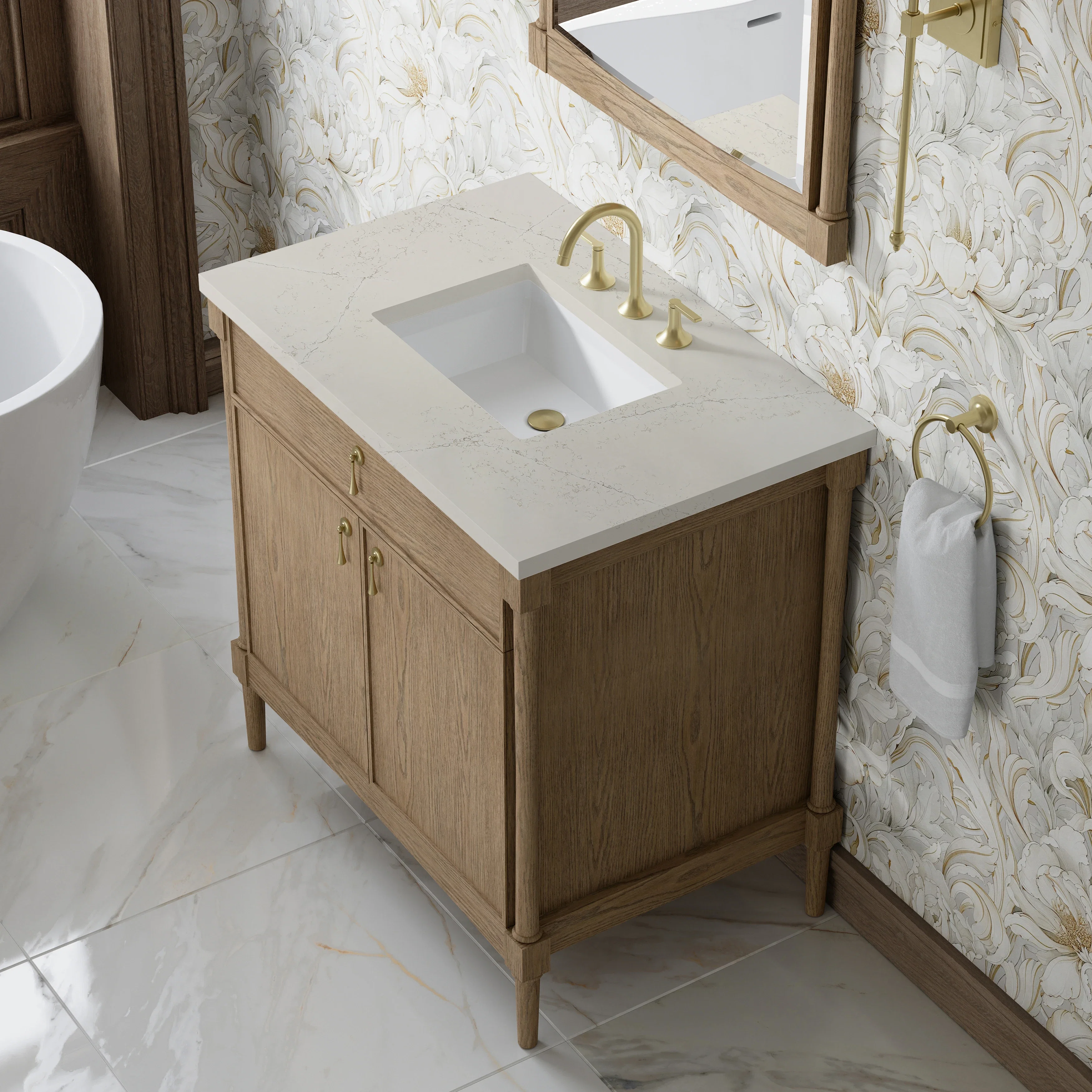 Kinnsden 36" Single Vanity, Weathered Oak w/ 3 CM Siberian Silestone Top