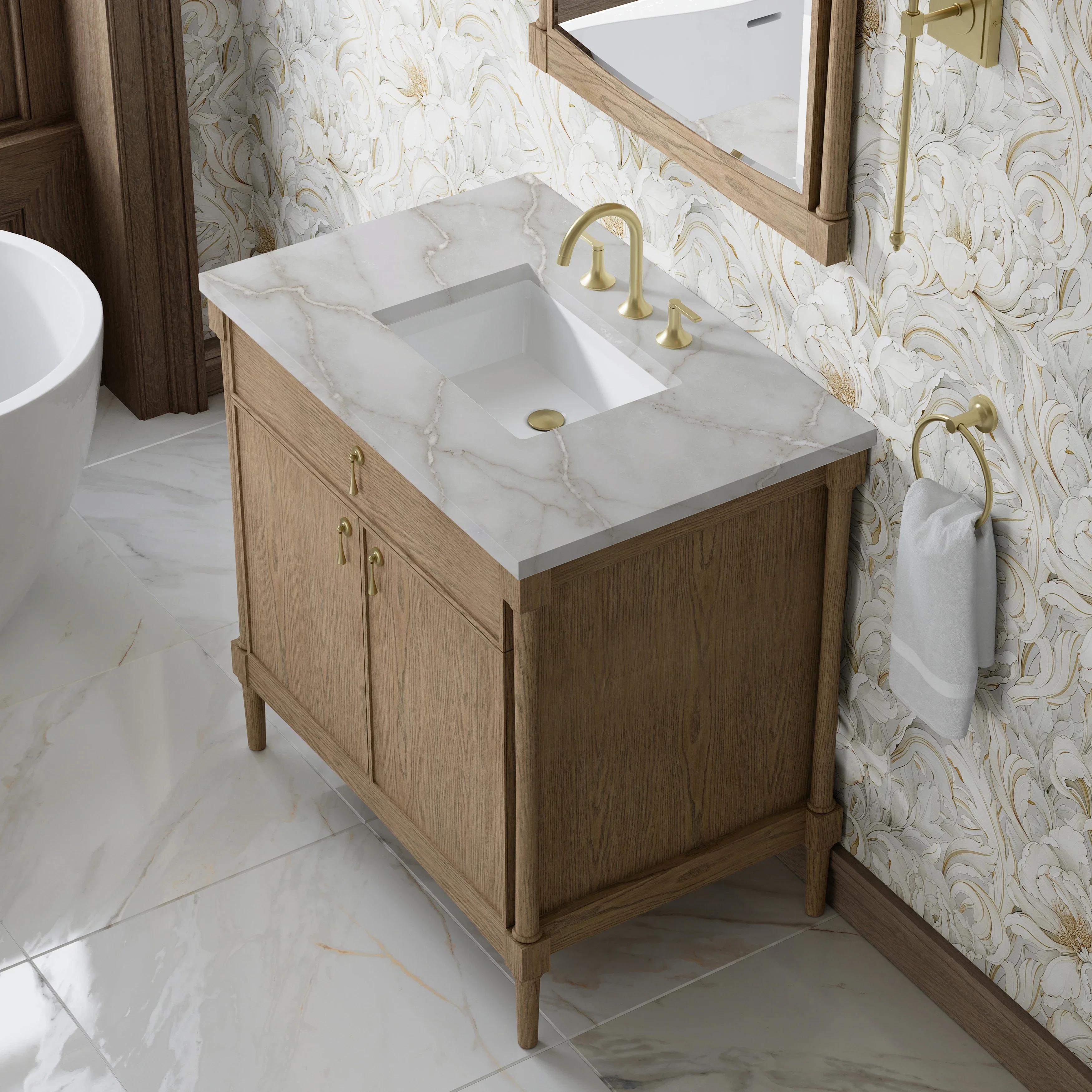 Kinnsden 36" Single Vanity, Weathered Oak w/ 3 CM Victorian Silver Silestone Top