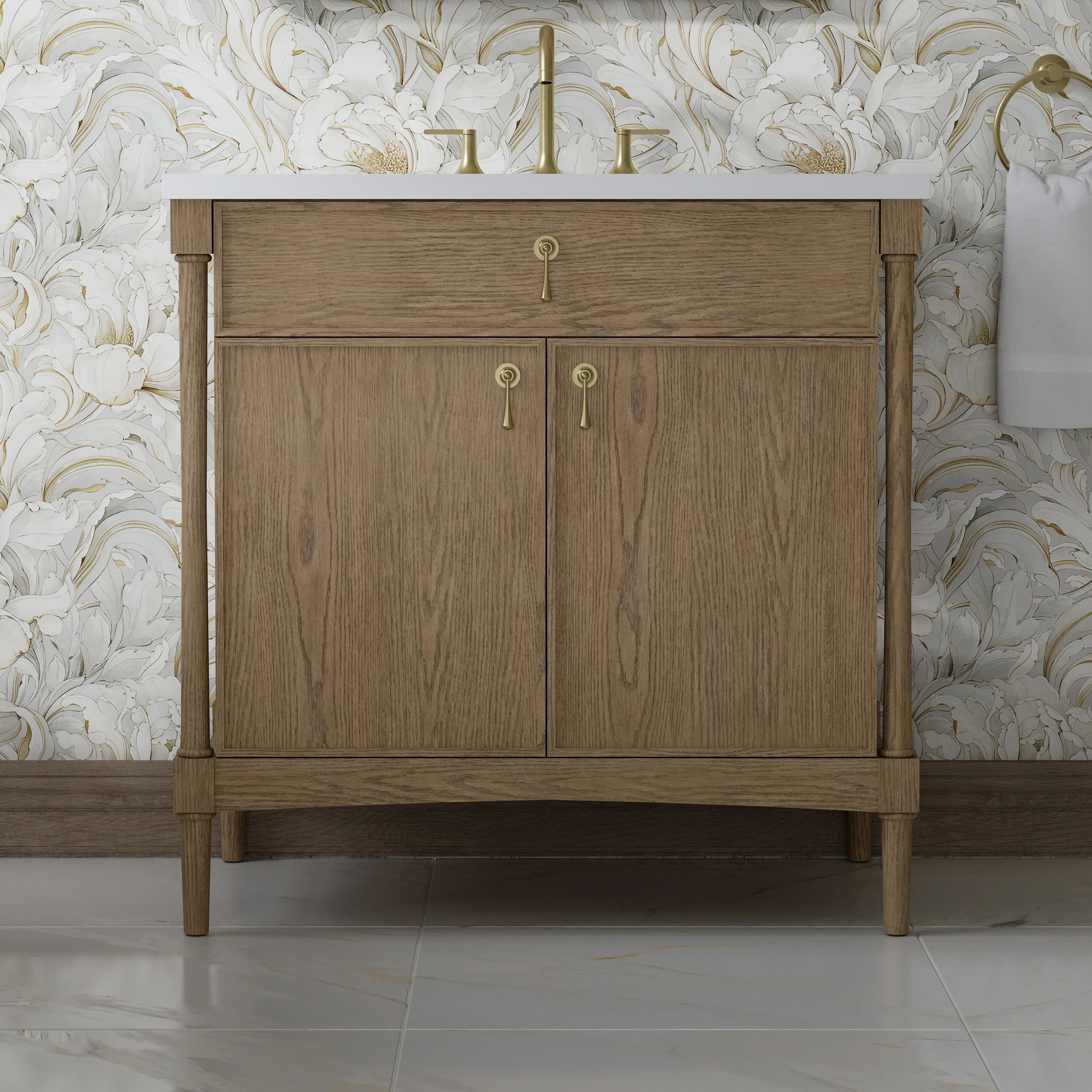 Kinnsden 36" Single Vanity, Weathered Oak w/ 3 CM White Zeus Silestone Top