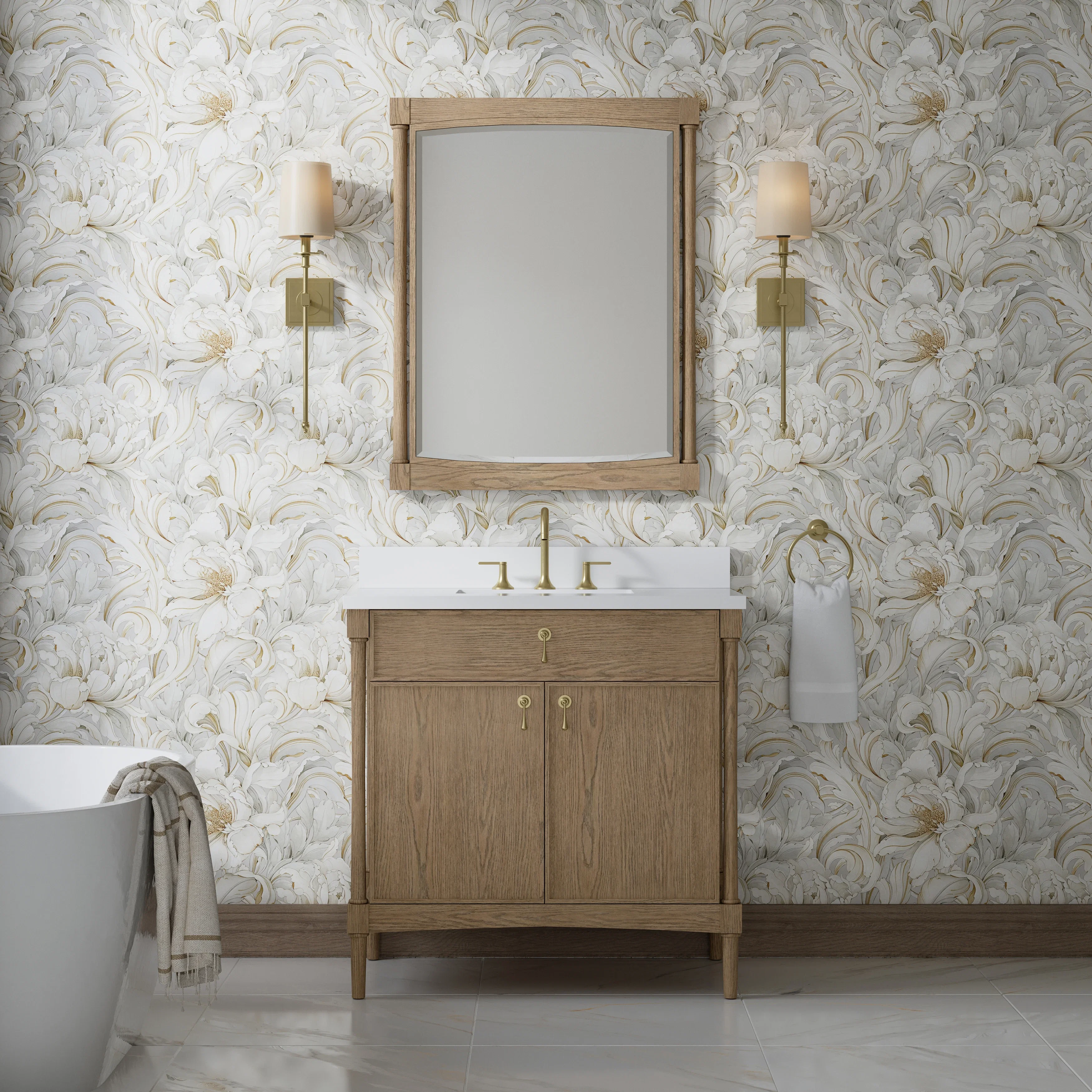Kinnsden 36" Single Vanity, Weathered Oak w/ 3 CM White Zeus Silestone Top