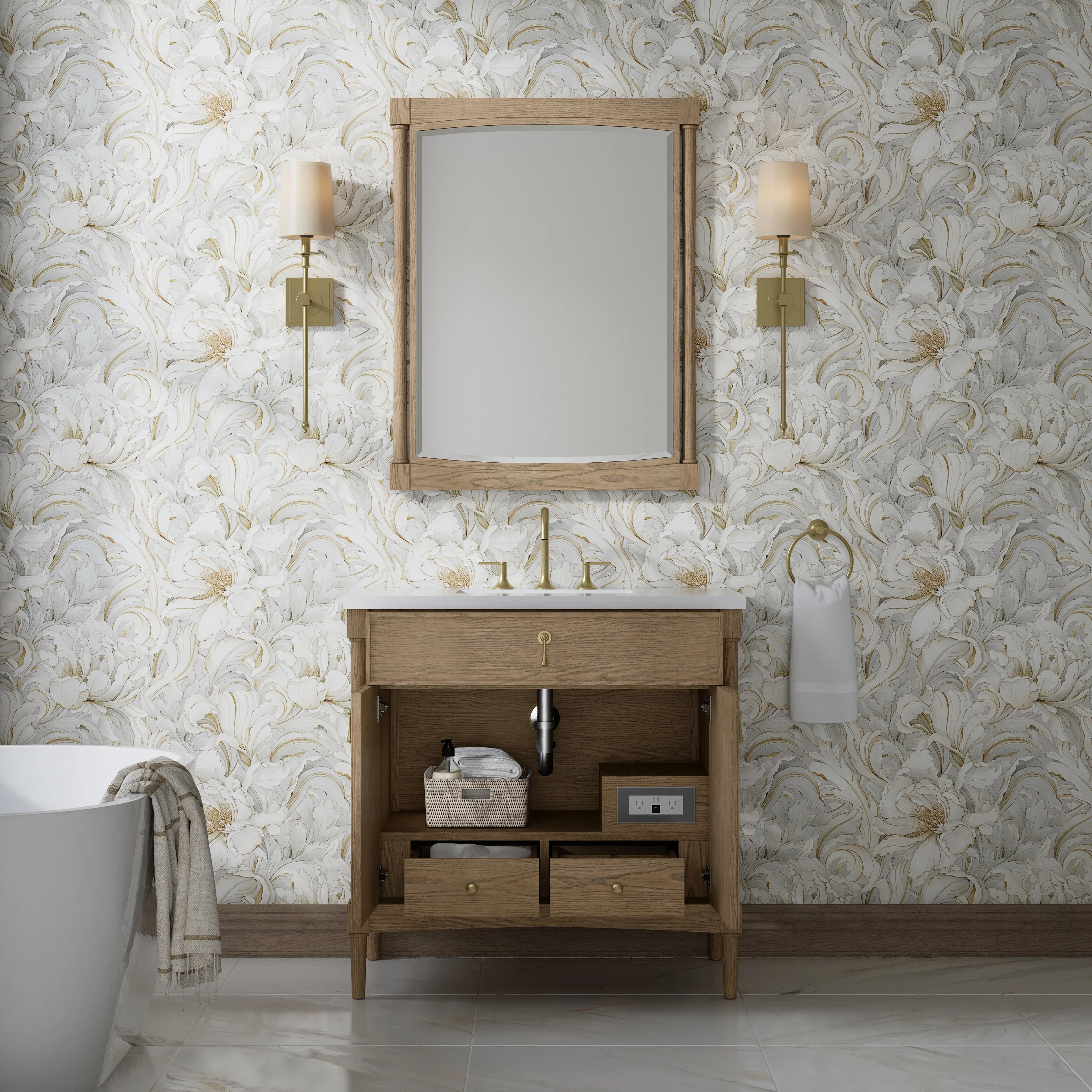Kinnsden 36" Single Vanity, Weathered Oak w/ 3 CM White Zeus Silestone Top