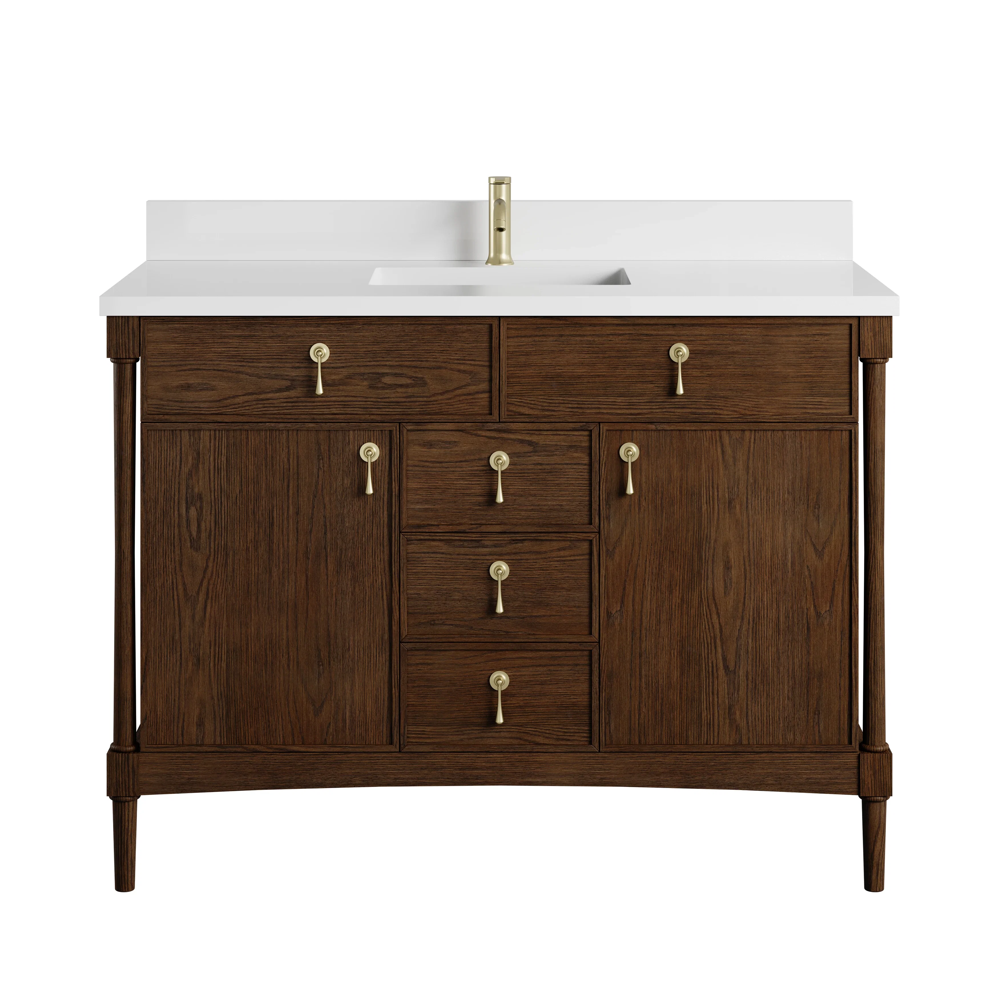 Kinnsden 48" Single Vanity, Sable Oak w/ Single Hole 3 CM White Zeus Silestone Top and Matching Backsplash