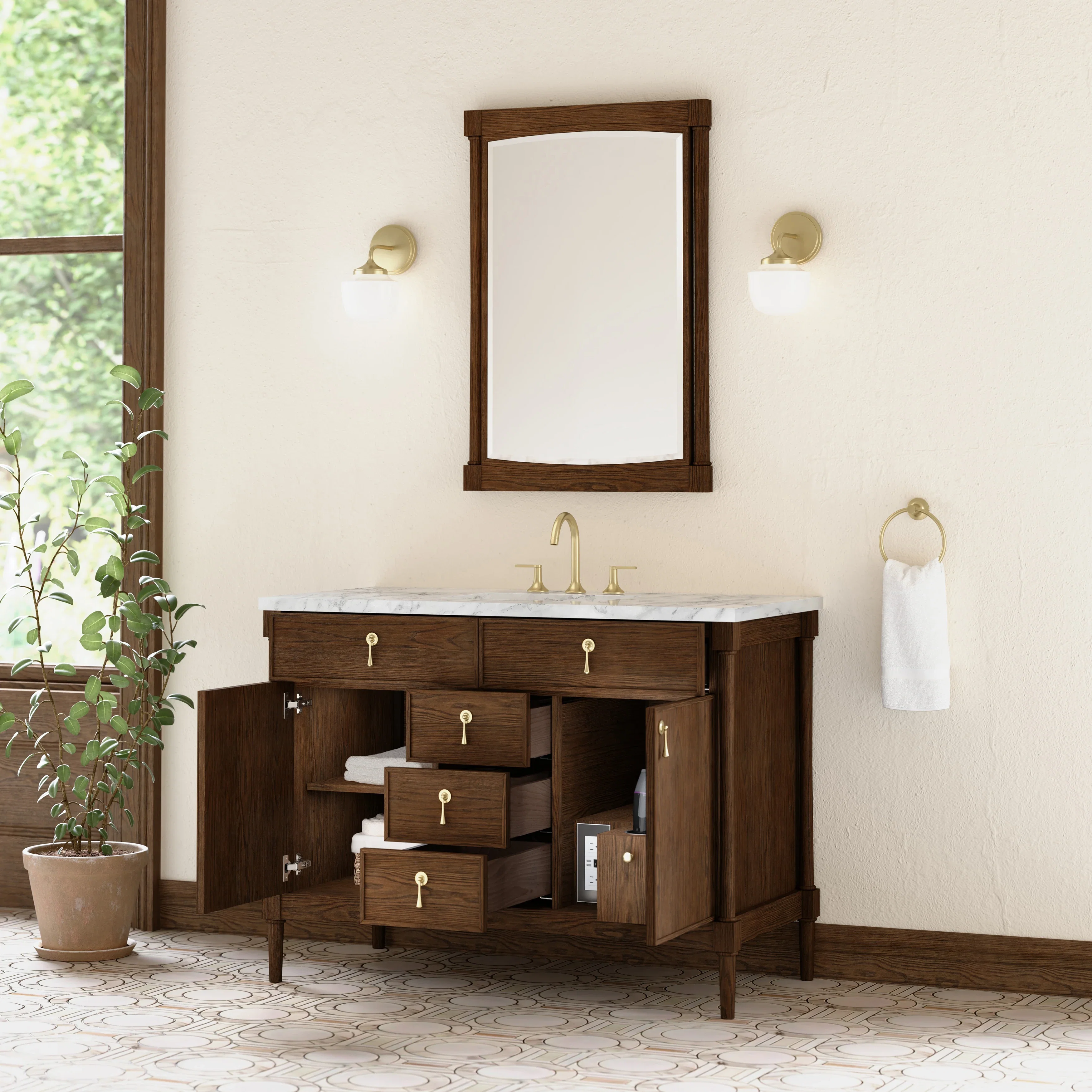 Kinnsden 48" Single Vanity, Sable Oak w/ 3 CM Carrara Marble Top