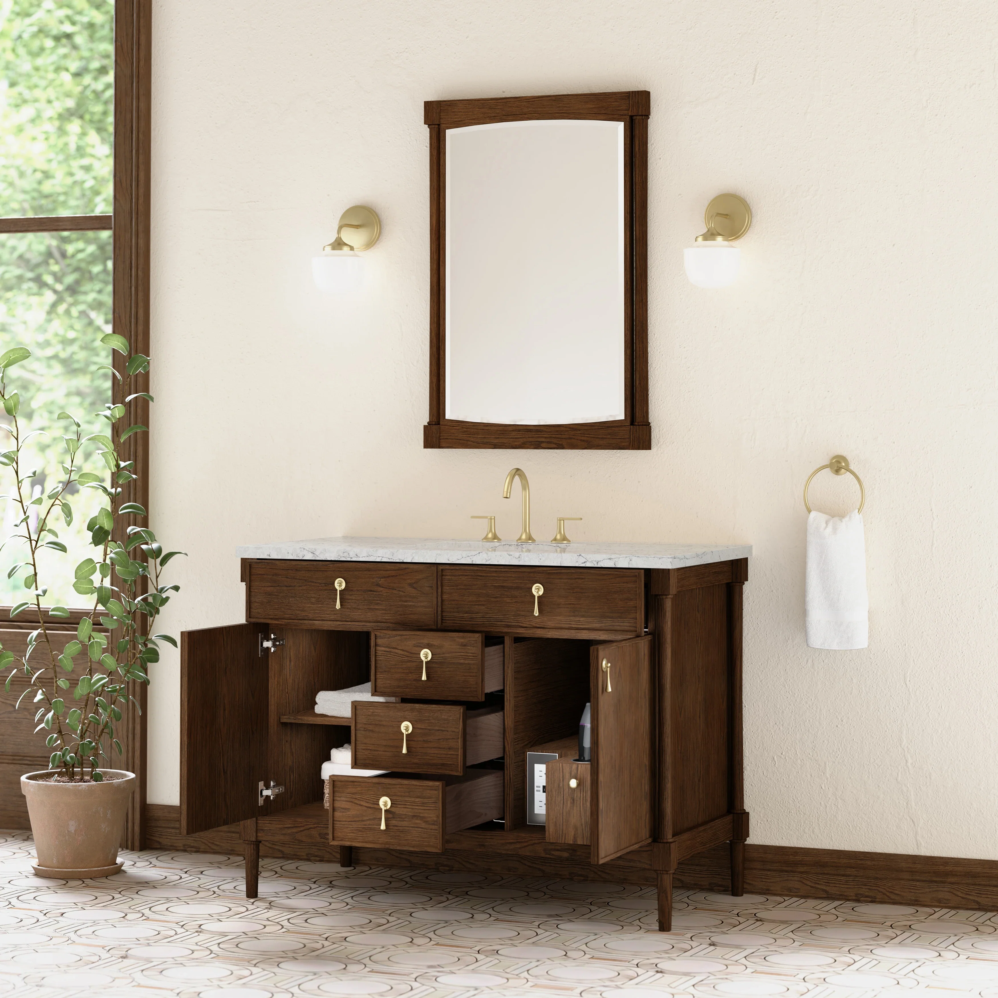 Kinnsden 48" Single Vanity, Sable Oak w/ 3 CM Eternal Jasmine Pearl Silestone Top