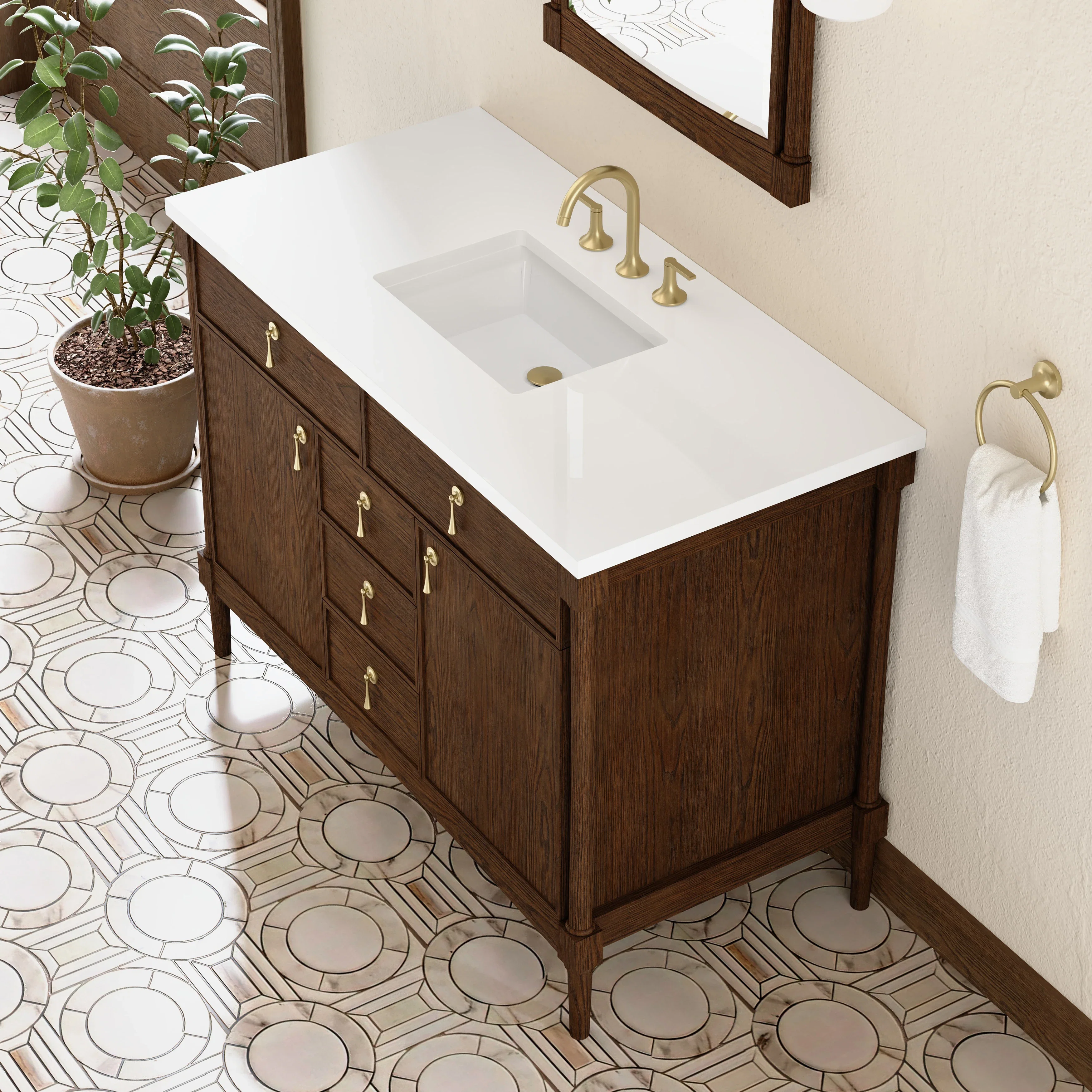 Kinnsden 48" Single Vanity, Sable Oak w/ 3 CM White Zeus Silestone Top