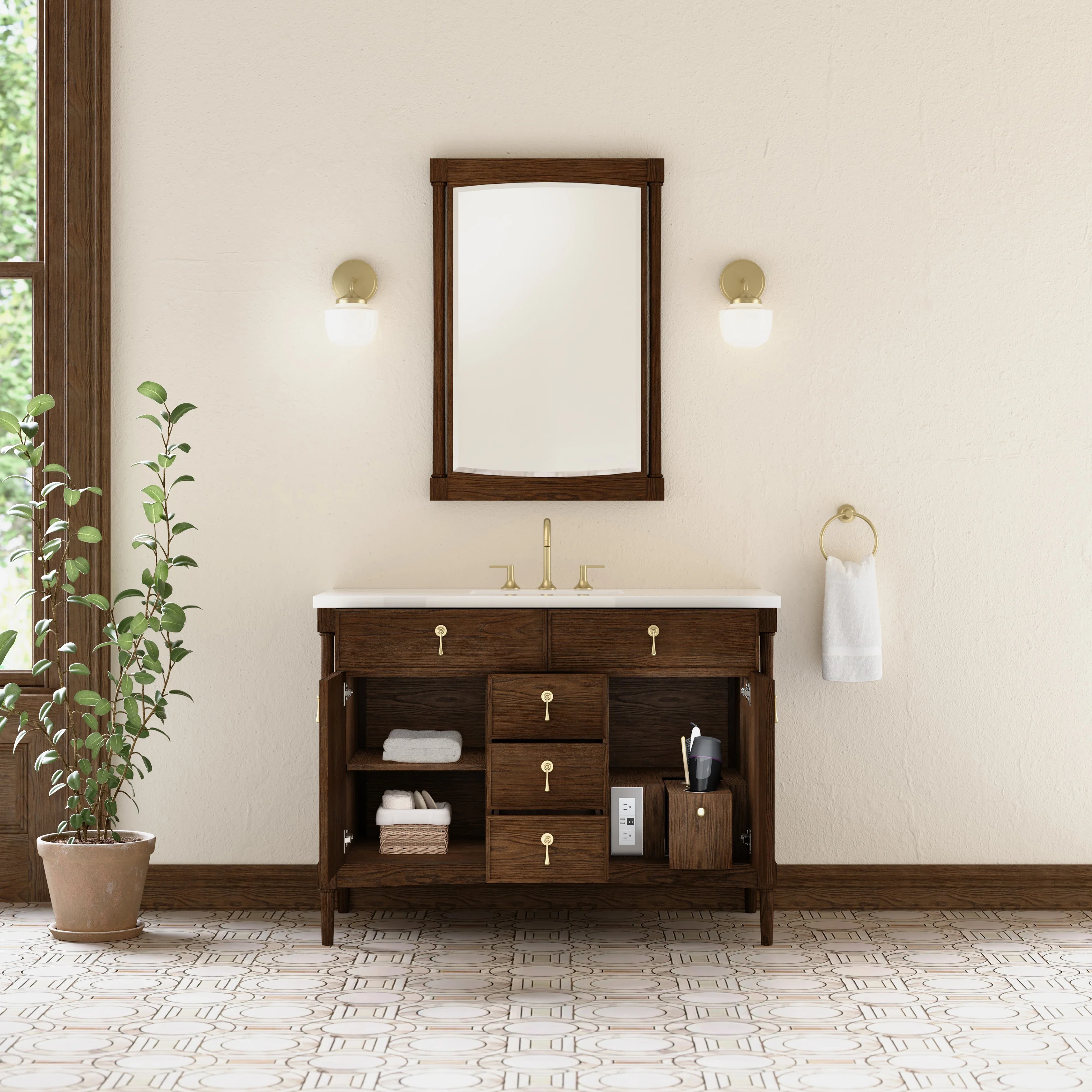 Kinnsden 48" Single Vanity, Sable Oak w/ 3 CM White Zeus Silestone Top