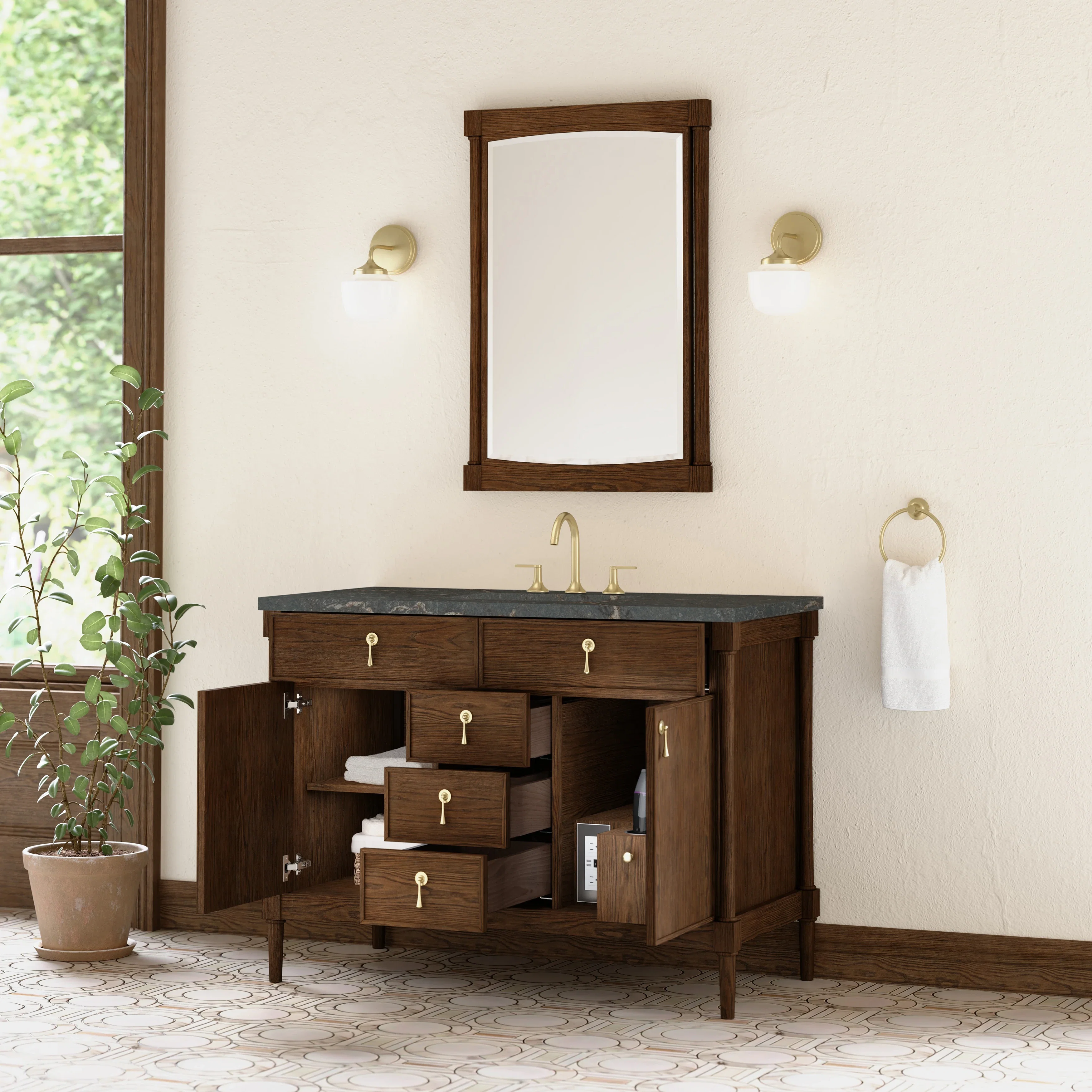 Kinnsden 48" Single Vanity, Sable Oak w/ 3 CM Parisien Bleu Silestone Top w/FreePower Wireless Charger