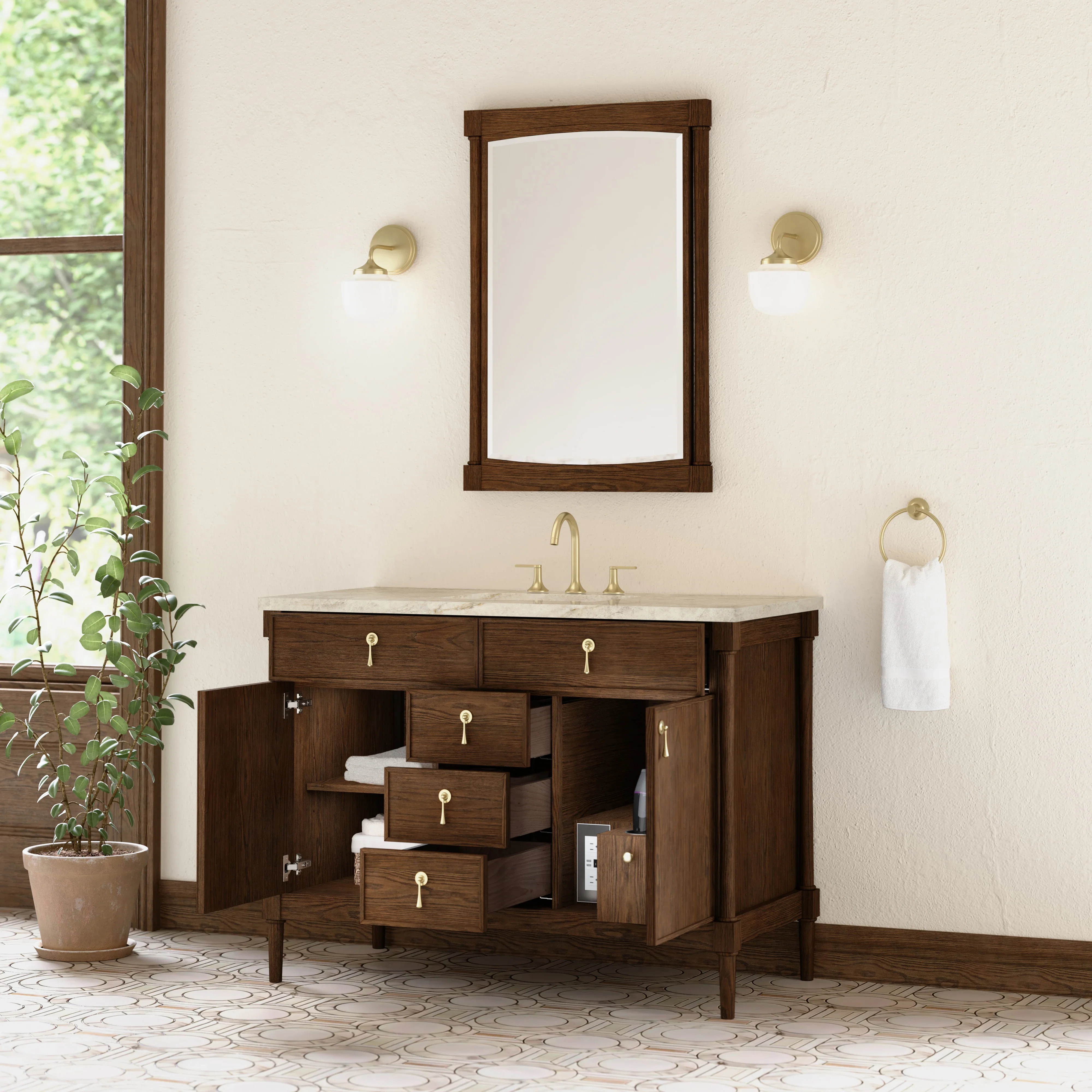 Kinnsden 48" Single Vanity, Sable Oak w/ 3 CM Tajnar Eclos Top w/FreePower Wireless Charger