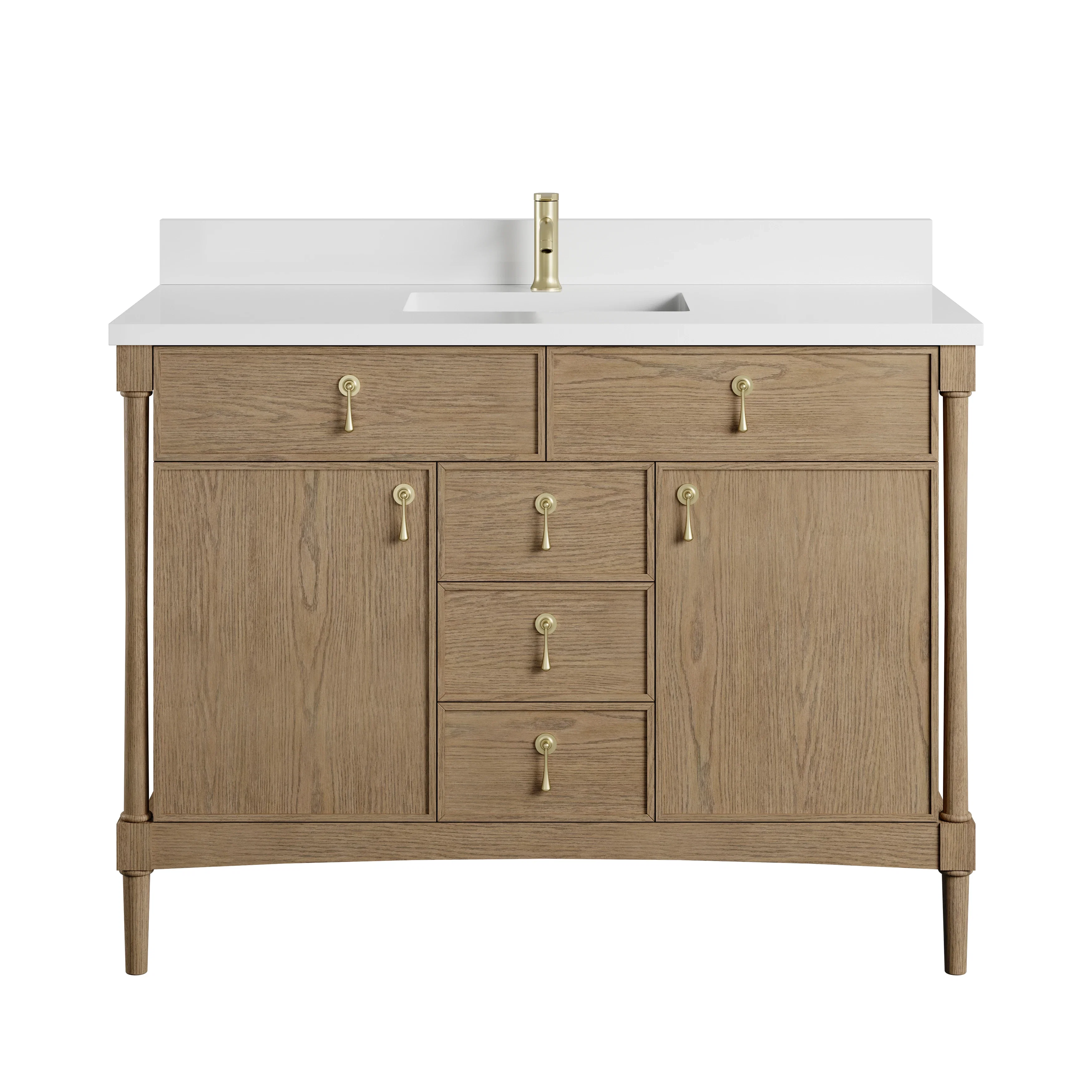 Kinnsden 48" Single Vanity, Weathered Oak w/ Single Hole 3 CM White Zeus Silestone Top and Matching Backsplash